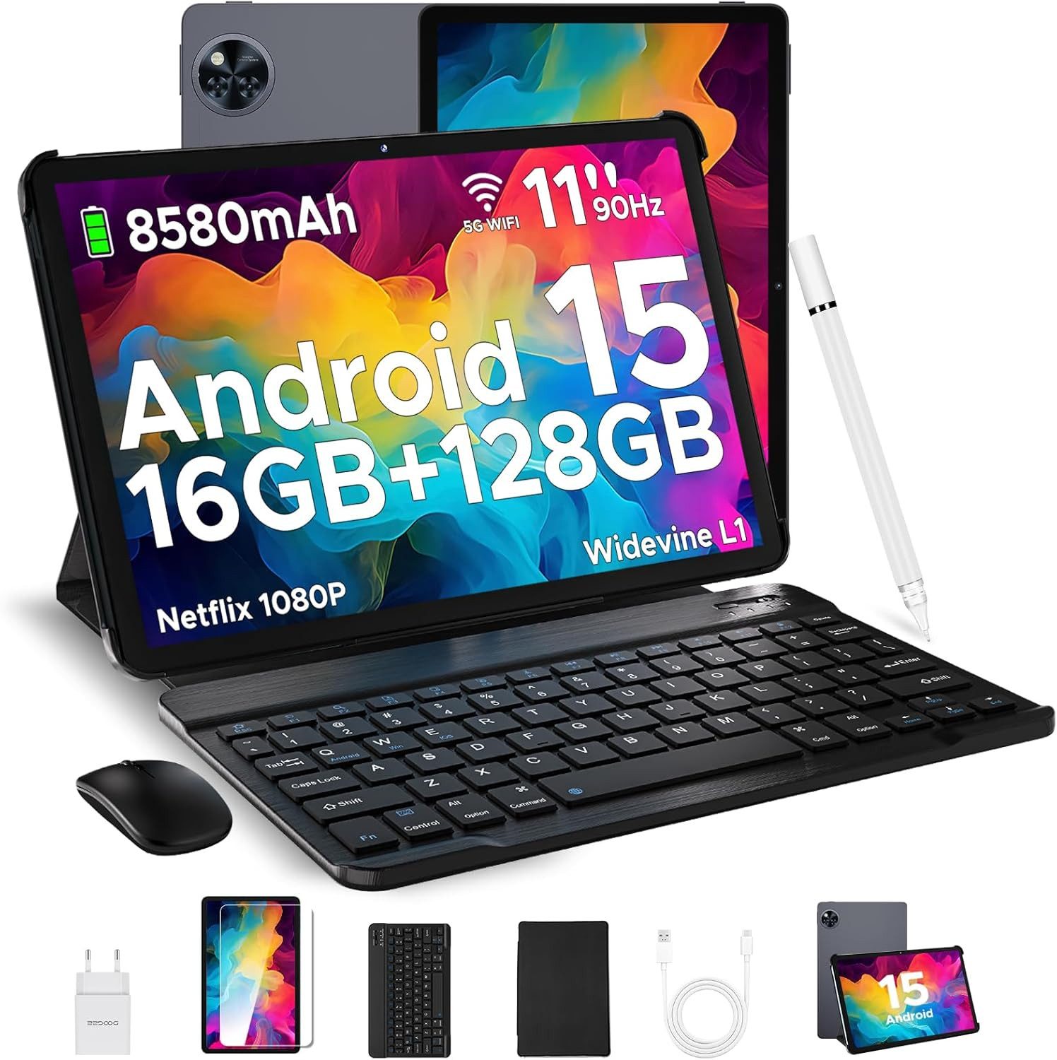 U11-V Tablet mit Tastatur, Maus, Stift, Hülle, Schutzfolie, Android 15 Tablet