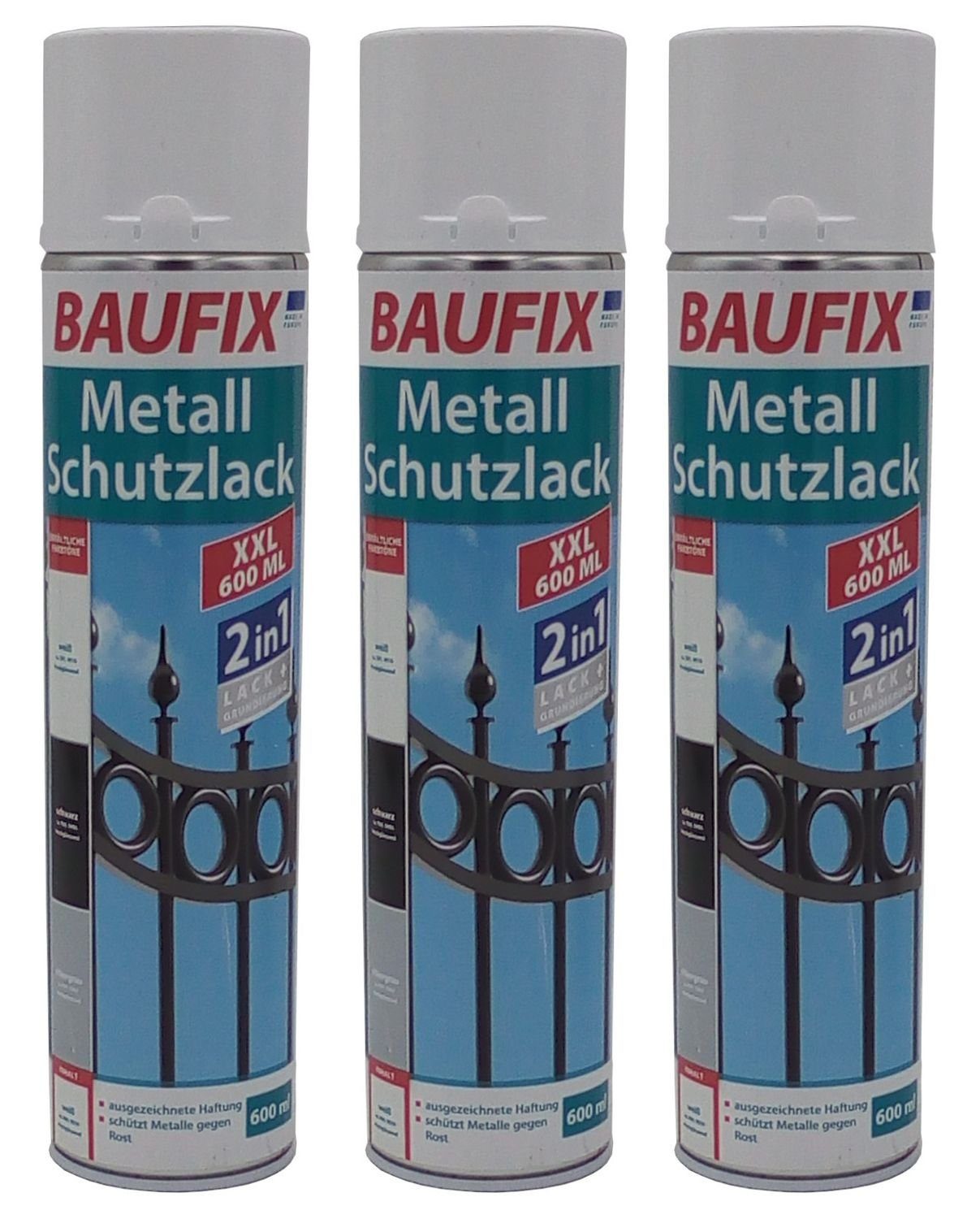 BURI Vollton- und Abtönfarbe 3x Baufix 2in1 Metall Schutzlack Spray 0,6l weiß glänzend Grundierung