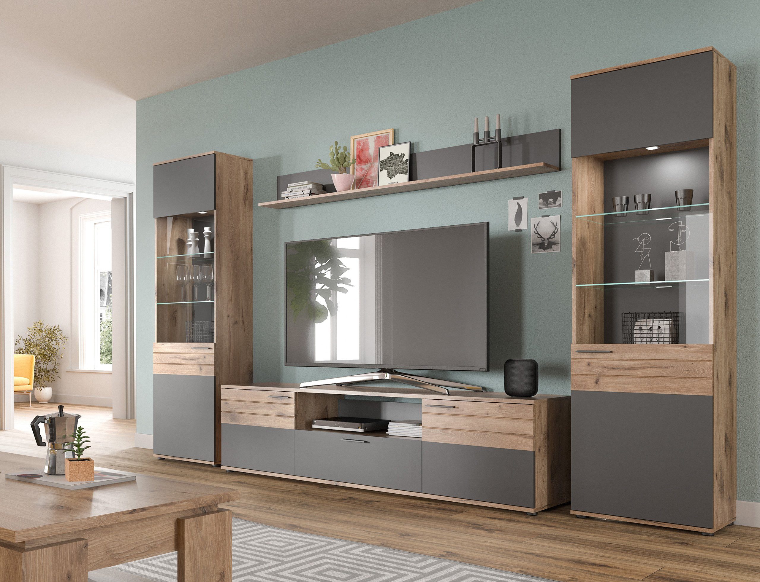 Newroom Wohnwand Lupus, Wohnwand Basalt Grau Eiche Schrankwand Anbauwand Industrial Modern ...