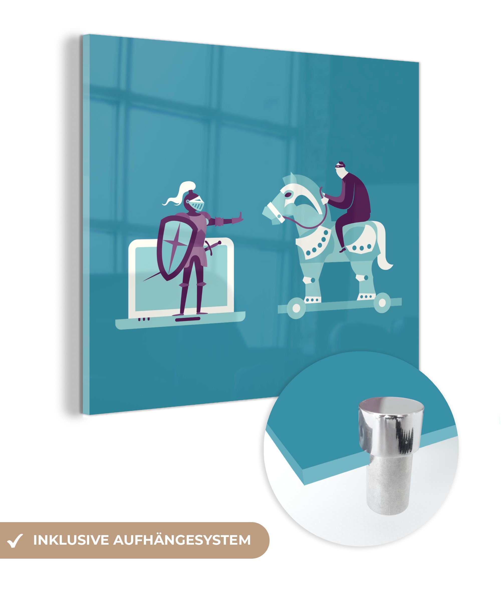 MuchoWow Acrylglasbild Einfache Illustration eines Hackers auf einem trojanischen Pferd, (1 St), Glasbilder - Bilder auf Glas Wandbild - Foto auf Glas - Wanddekoration