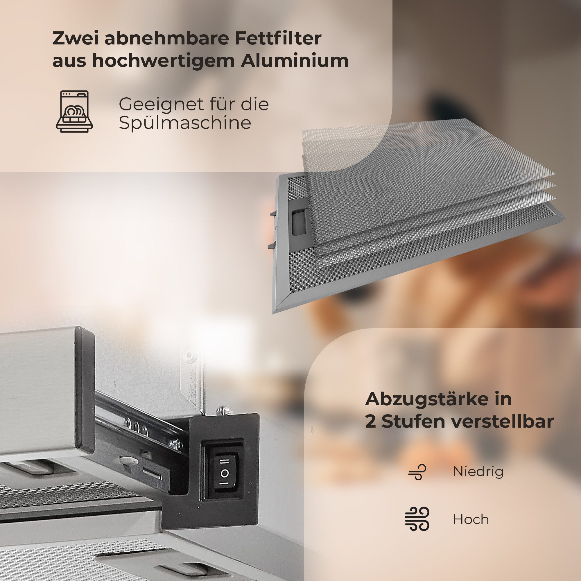 YUNA Flachschirmhaube YUNA Flachschirmhaube ALVA FS60B inklusive Kohlefilter, 60 cm Unterbau – Bild 5 von 5