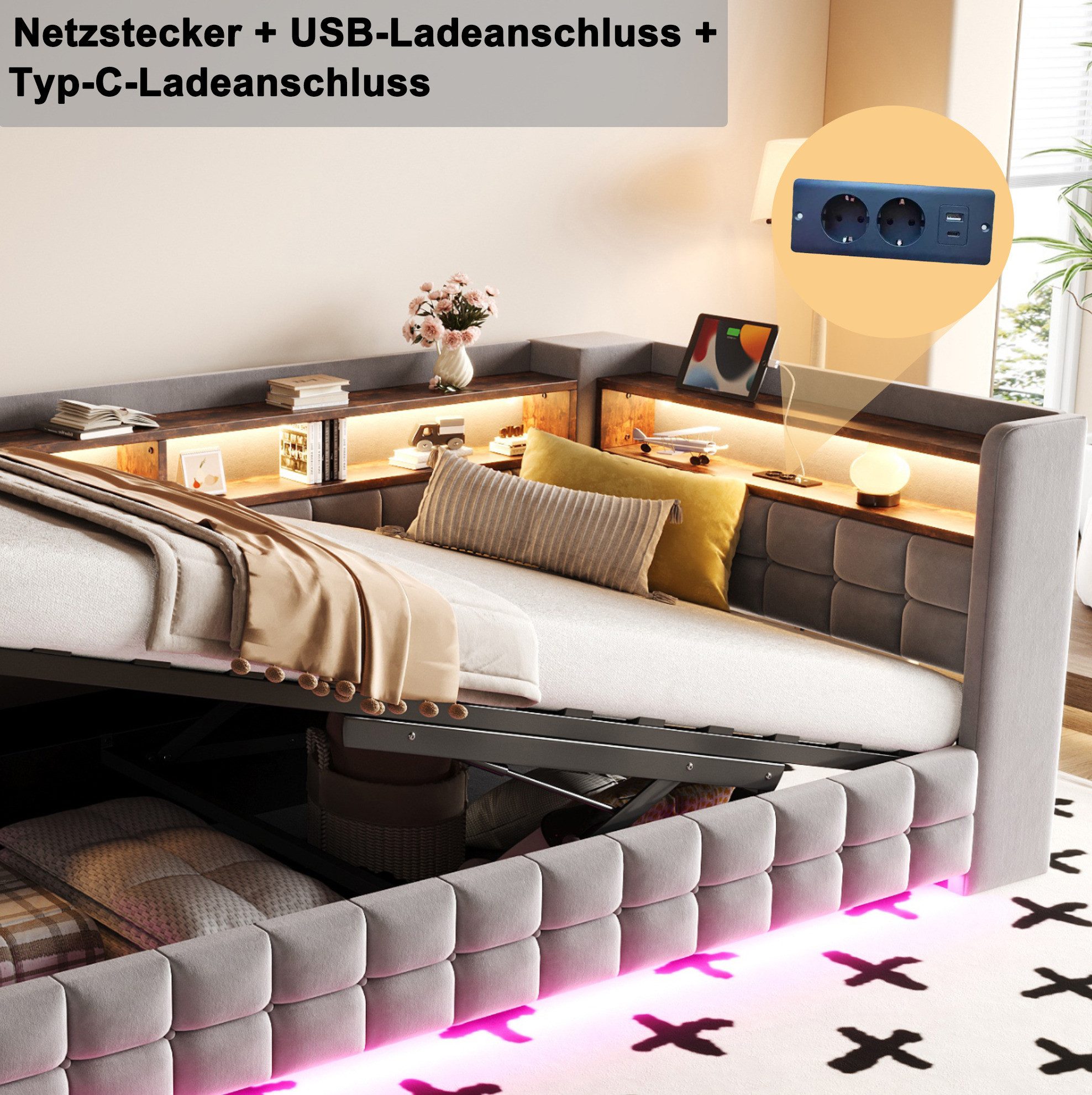 REDOM Schlafsofa Hydraulischer Stauraum, LED-Beleuchtung, USB- & Typ-C-Ladeanschlüsse, Polsterbett Stauraumbett 90x200 cm 1 Teile, Inklusive Matratze