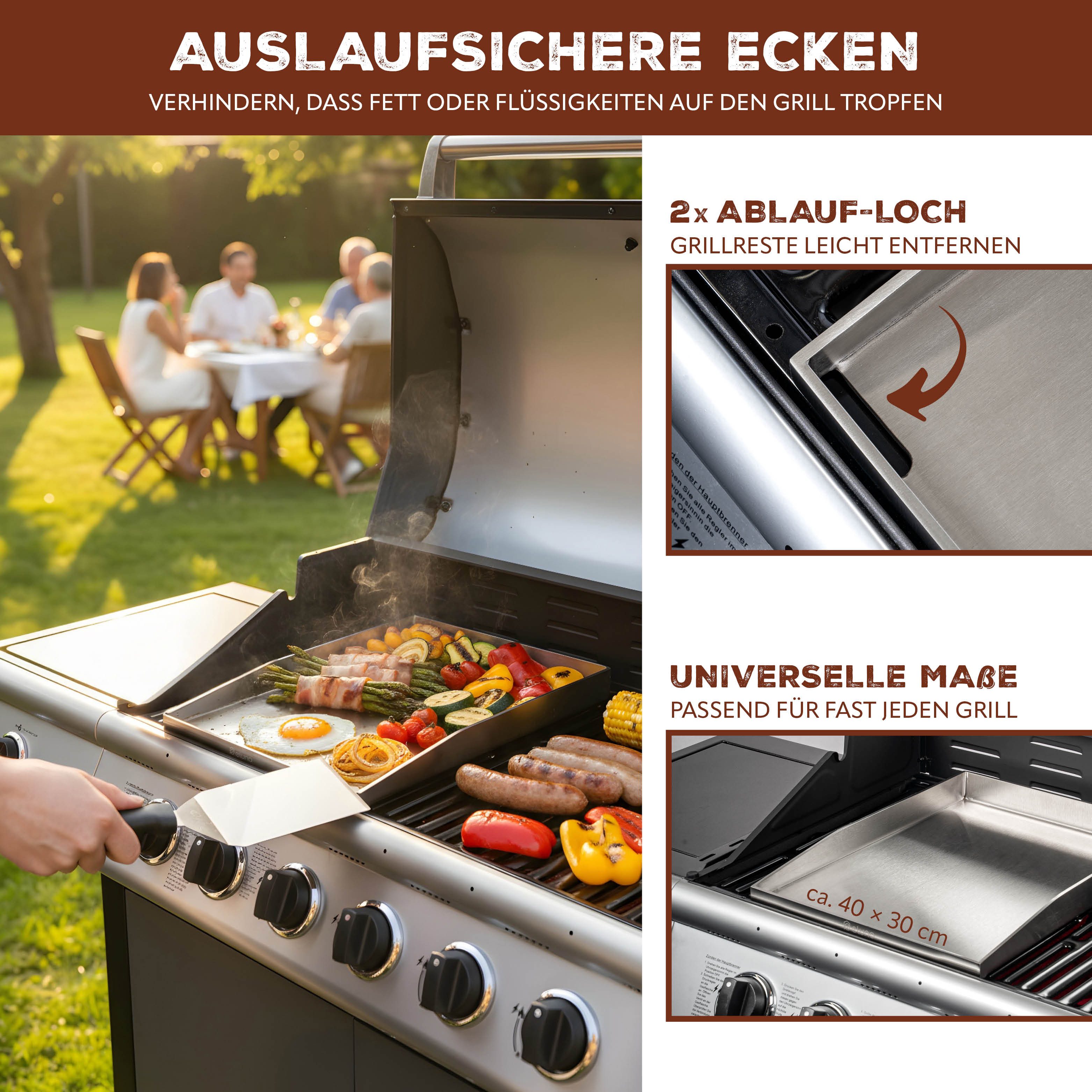 eluno Grillplatte Plancha-Set aus Edelstahl (4-St., 1x Plancha-Platte, 1x Grillwender, 1x Grillspachtel, 20x Burger-Papier), zwei Ablauflöcher in der Plancha-Pl – Bild 4 von 5