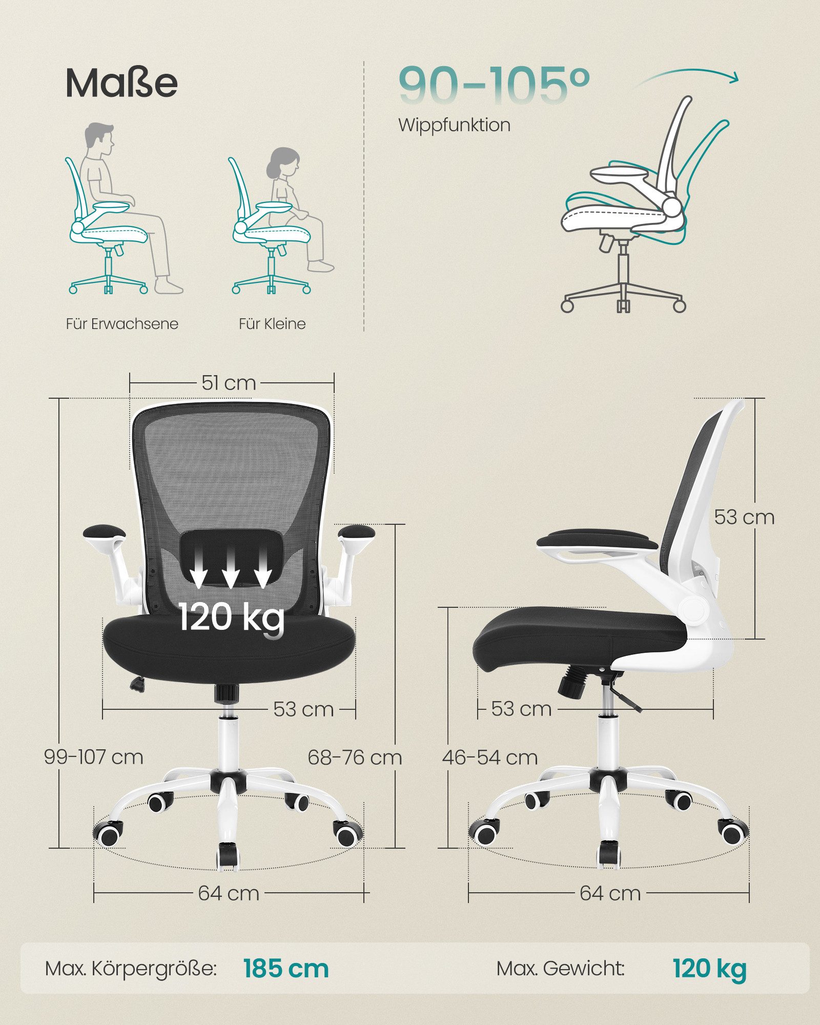 SONGMICS Bürostuhl ergonomischer Drehstuhl mit Mesh, Lendenstütze, Wippfunktion, ohne Kopfstütze, 53 cm breite Sitzfläche und klappbaren Armlehnen – Bild 3 von 5