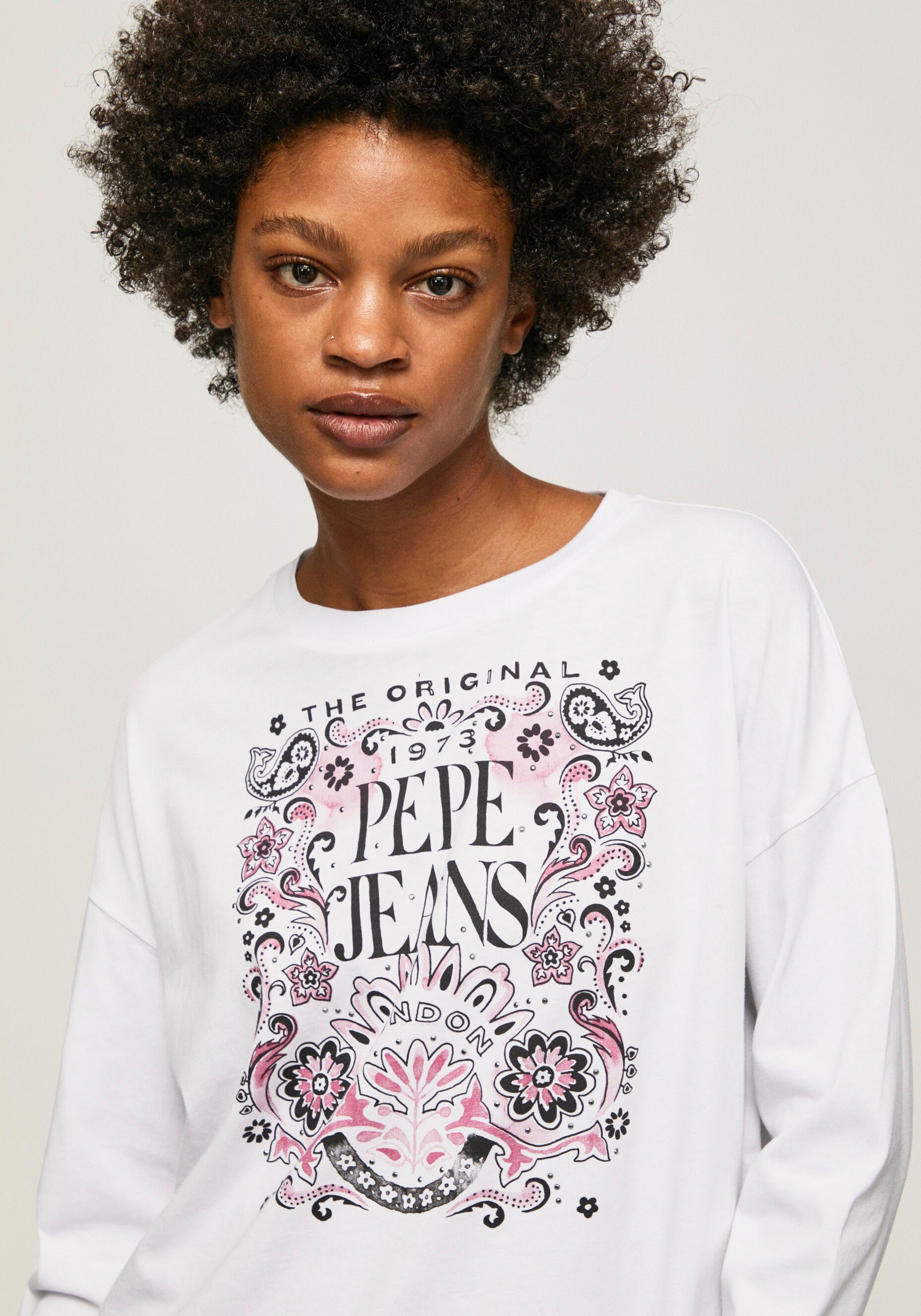 Pepe Jeans Langarmshirt Frontprint LULU großem, weiß floralem mit