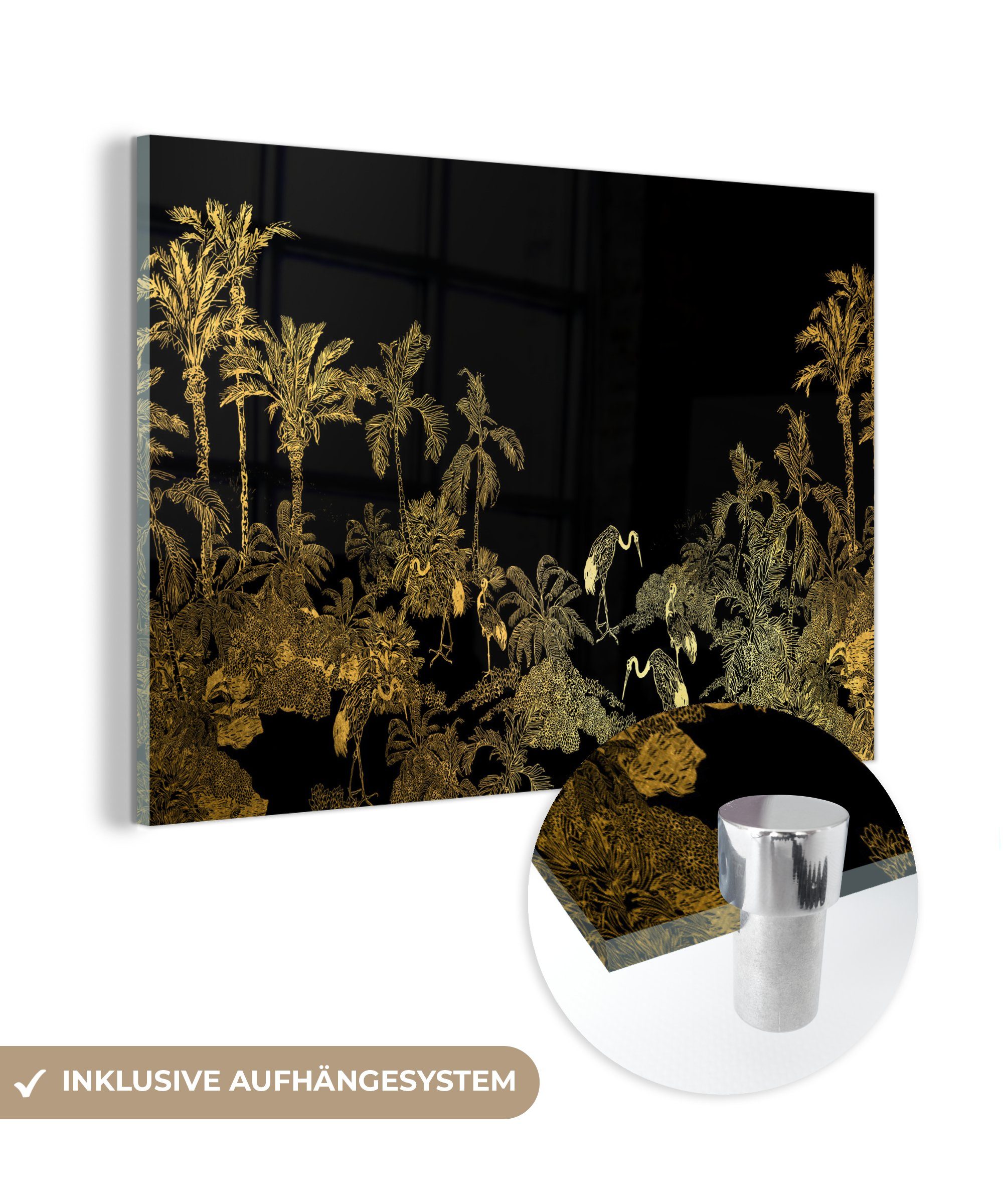 MuchoWow Acrylglasbild Dschungel - Vögel - Gold - Luxus, (1 St), Acrylglasbilder Wohnzimmer & Schlafzimmer | Bilder