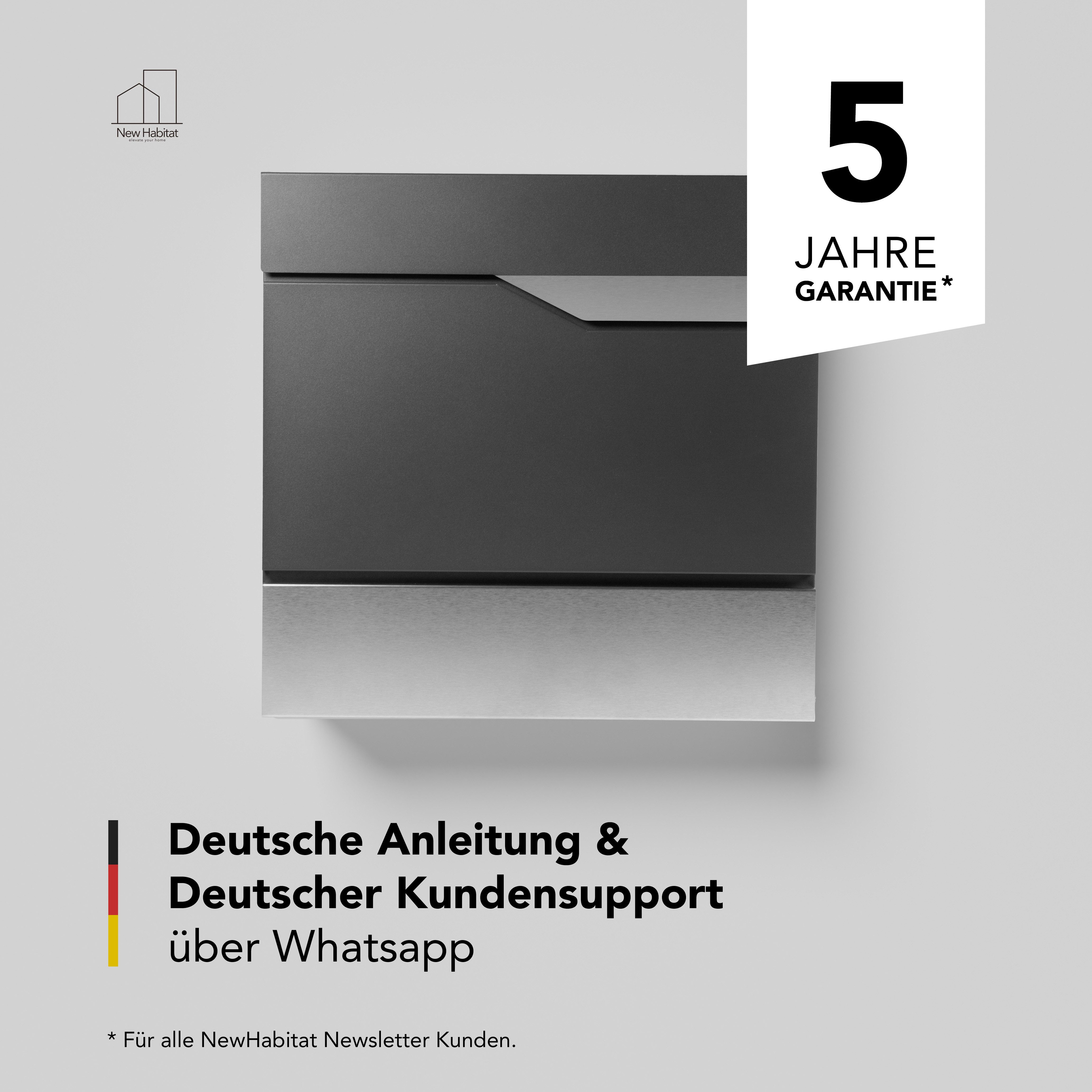NewHabitat Briefkasten Moderner Wandbriefkasten Personalisierbar Anthrazit RAL7016 (Komplettset, Modell: Manhattan), Rostfrei
