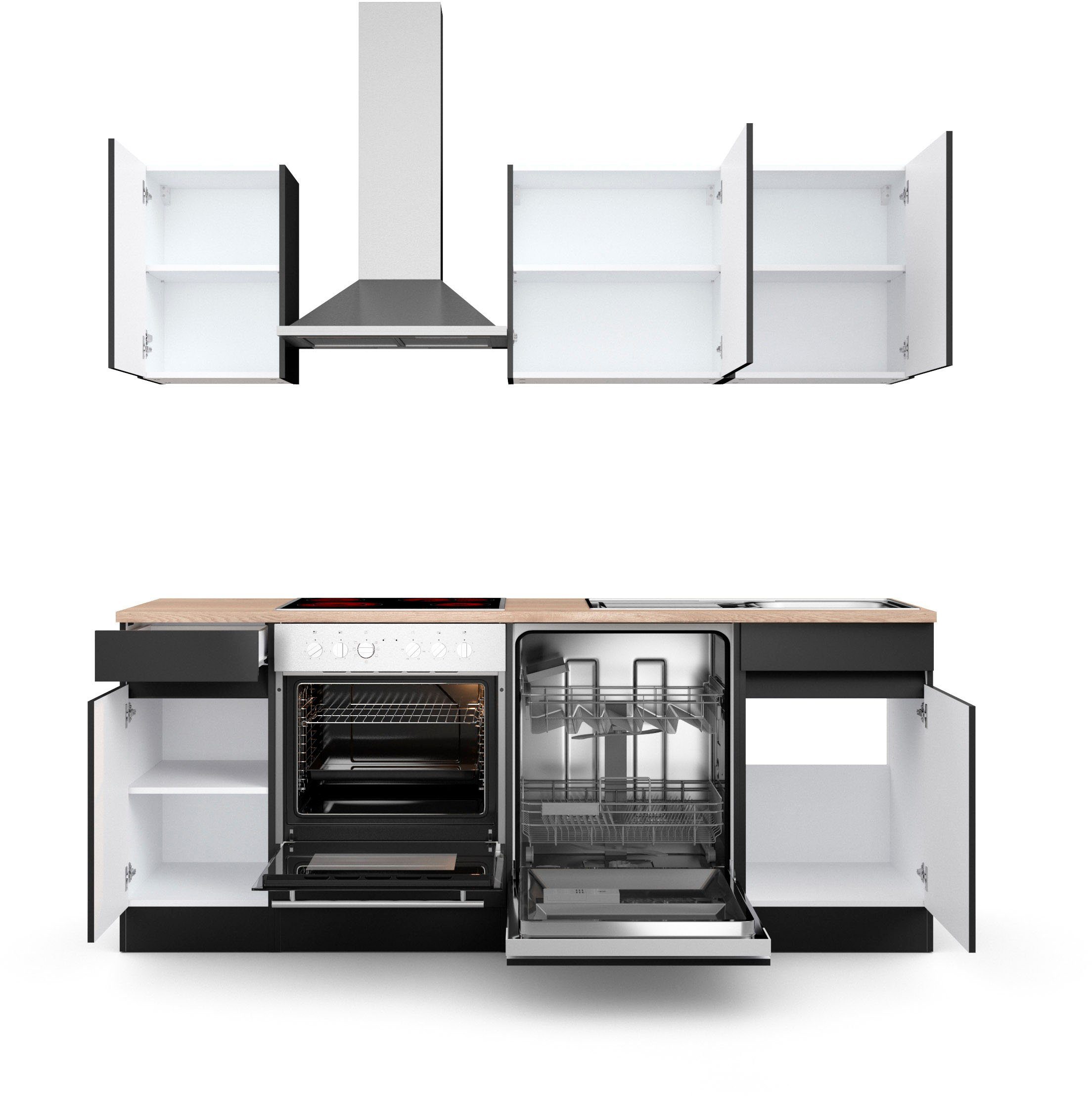 | Hanseatic-E-Geräte Küche anthrazit ohne wahlweise Breite anthrazit/anthrazit 210 mit Safeli, OPTIFIT cm, oder