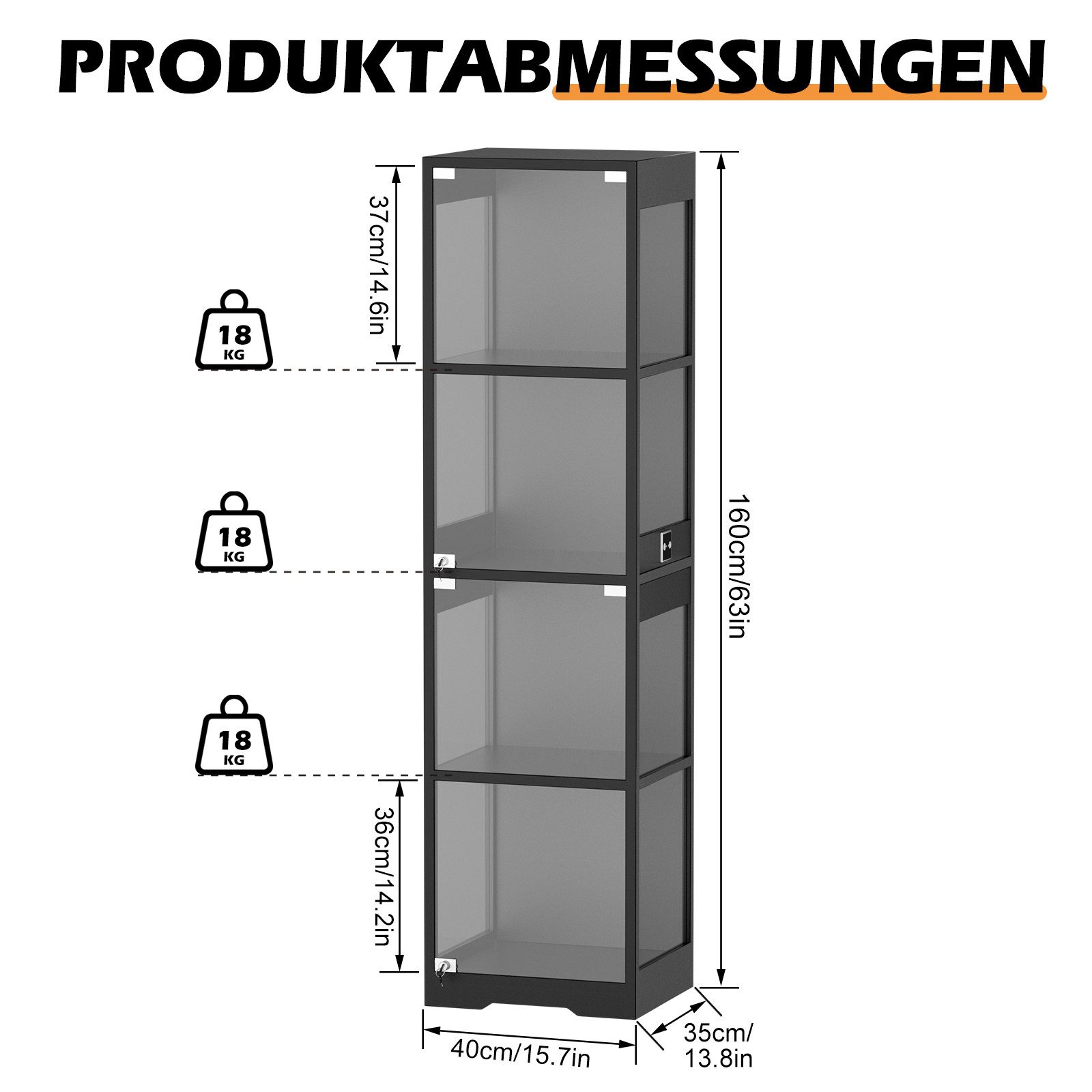 TWSOUL Glasvitrine Vitrine mit LED Beleuchtung und menschlicher Sensor, 40x35x160cm