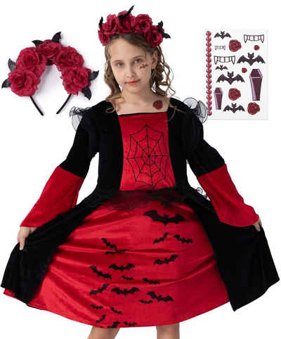 Corimori Vampir-Kostüm Vampir Halloween-Kostüm Set Kinder-Kleid, Karneval, Mit Haarreif, Klebe-Tattoos für Mädchen, Fasching, Geschenkidee