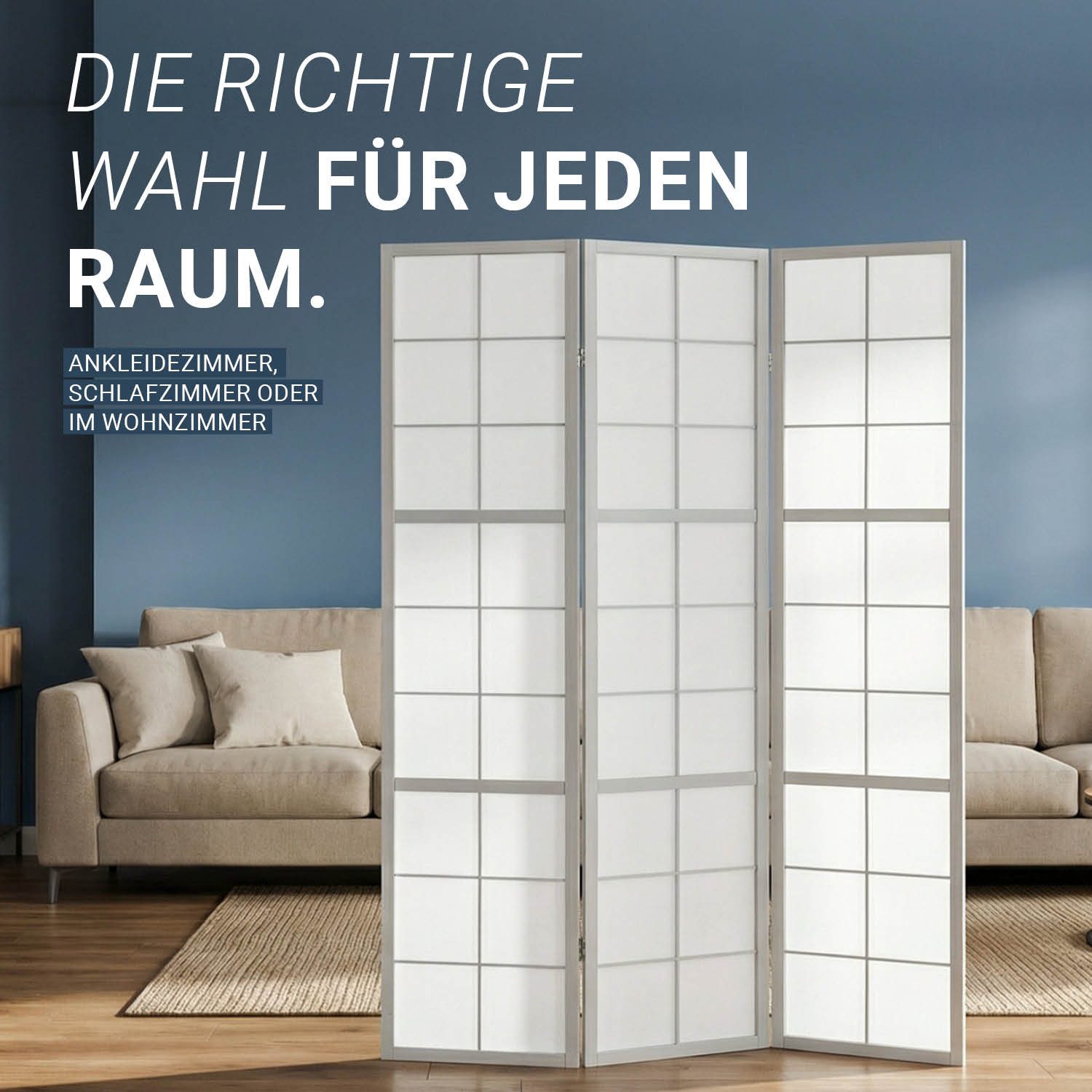 Homestyle4u Paravent Raumteiler 3-6 teilig Shoji Holz Grau Trennwand Sichtschutz (3-teilig), faltbar