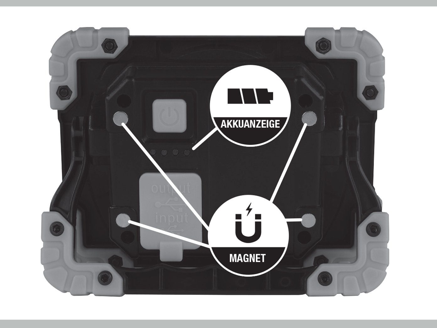 REV Handleuchte, LED Baustrahler USB Werkstattlampe mit Magnet, Akku Powerbank IP 44