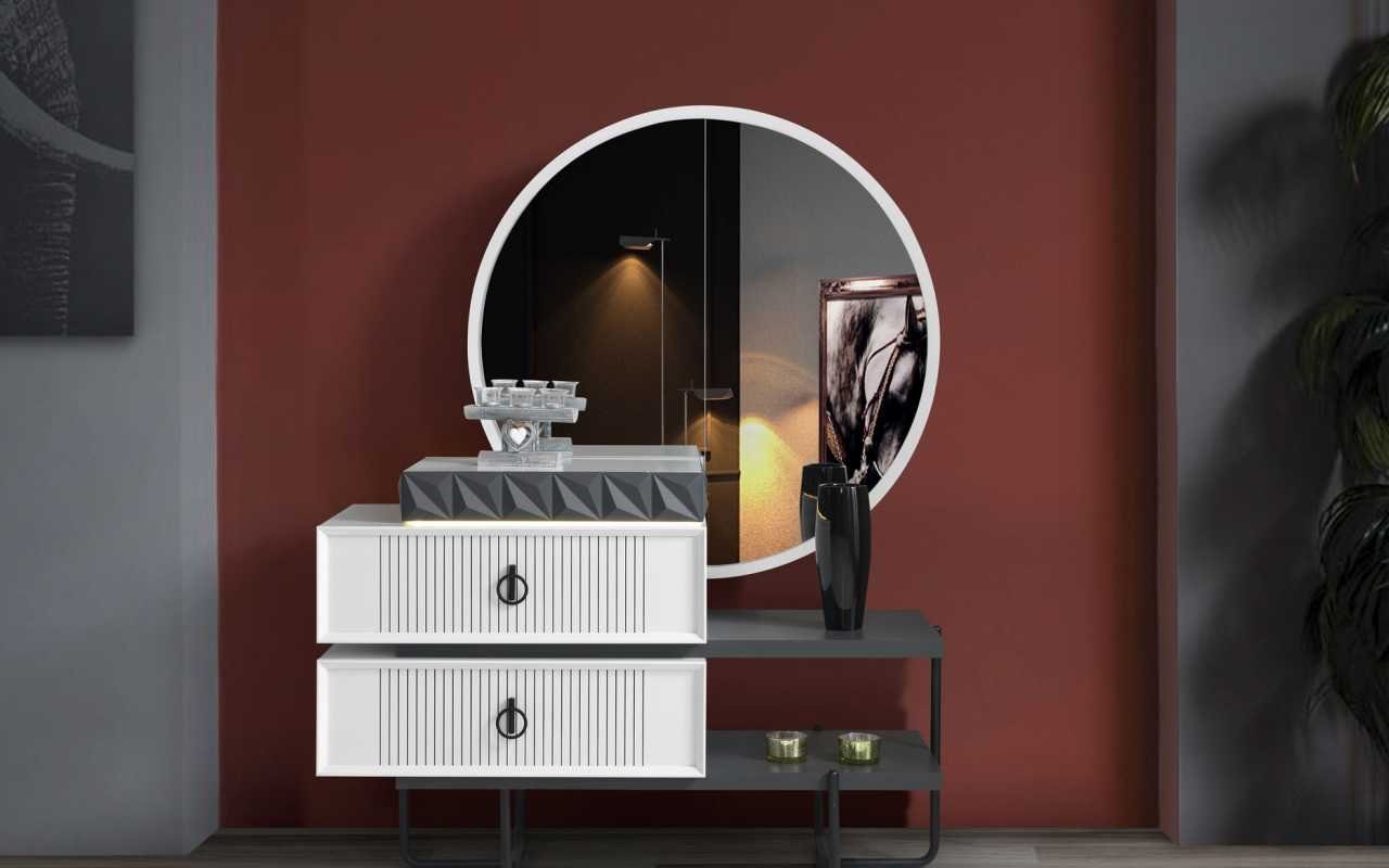 JVmoebel Schminktisch Weißer Schminktisch mit Spiegel und eleganter schwarzer Akzentfarbe (2-St., Schminktisch mit Spiegel), Made in Europa