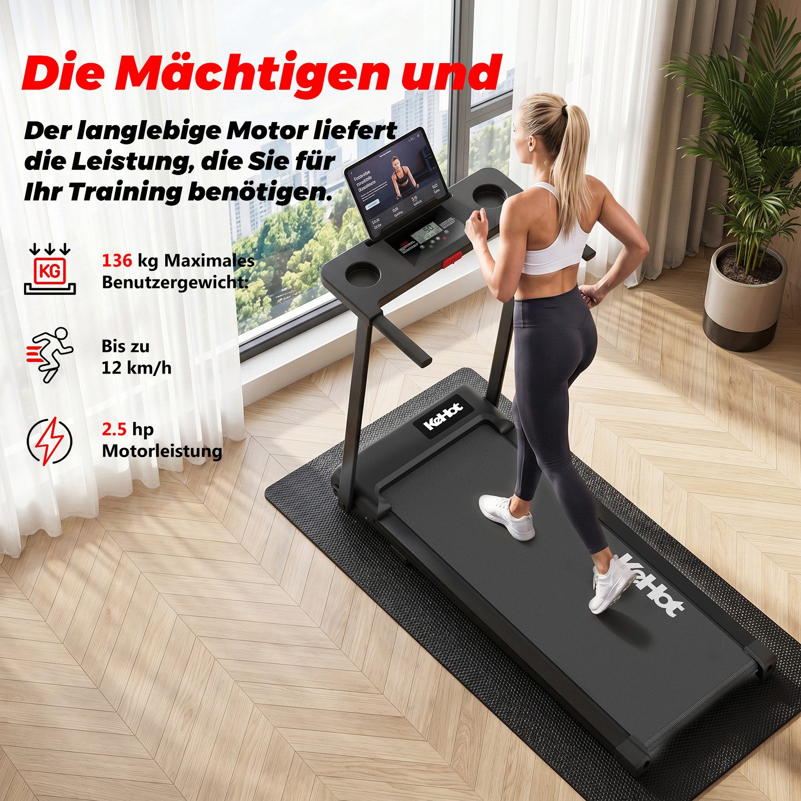 kehot Laufband Laufband klappbar bis 136 kg für Walking und Jogging (1–12 km/h mit Stoßdämpfung für gelenkschonendes Training, 2,5 PS Motor für Cardio- und Ausdauertraining zuhause), Platzsparendes Home-Gym Laufband mit Transportrollen