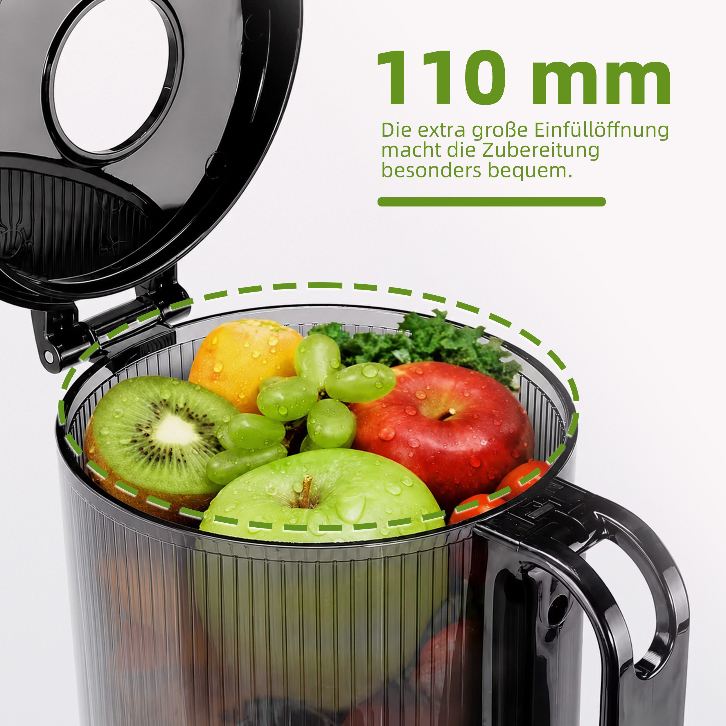 Sinaopus Slow Juicer Für ganze Früchte mit 110-mm-Einfüllöffnung und Doppelfilter, 250 W, Schonende Kaltpressung, saubere Ausgabe und einfache Reinigung – Bild 5 von 5