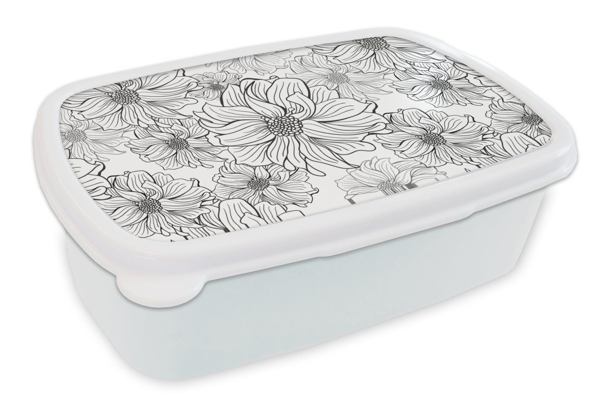 MuchoWow Lunchbox Blumen - Schwarz - Weiß - Design, Kunststoff, (2-tlg), Brotbox für Kinder und Erwachsene, Brotdose, für Jungs und Mädchen