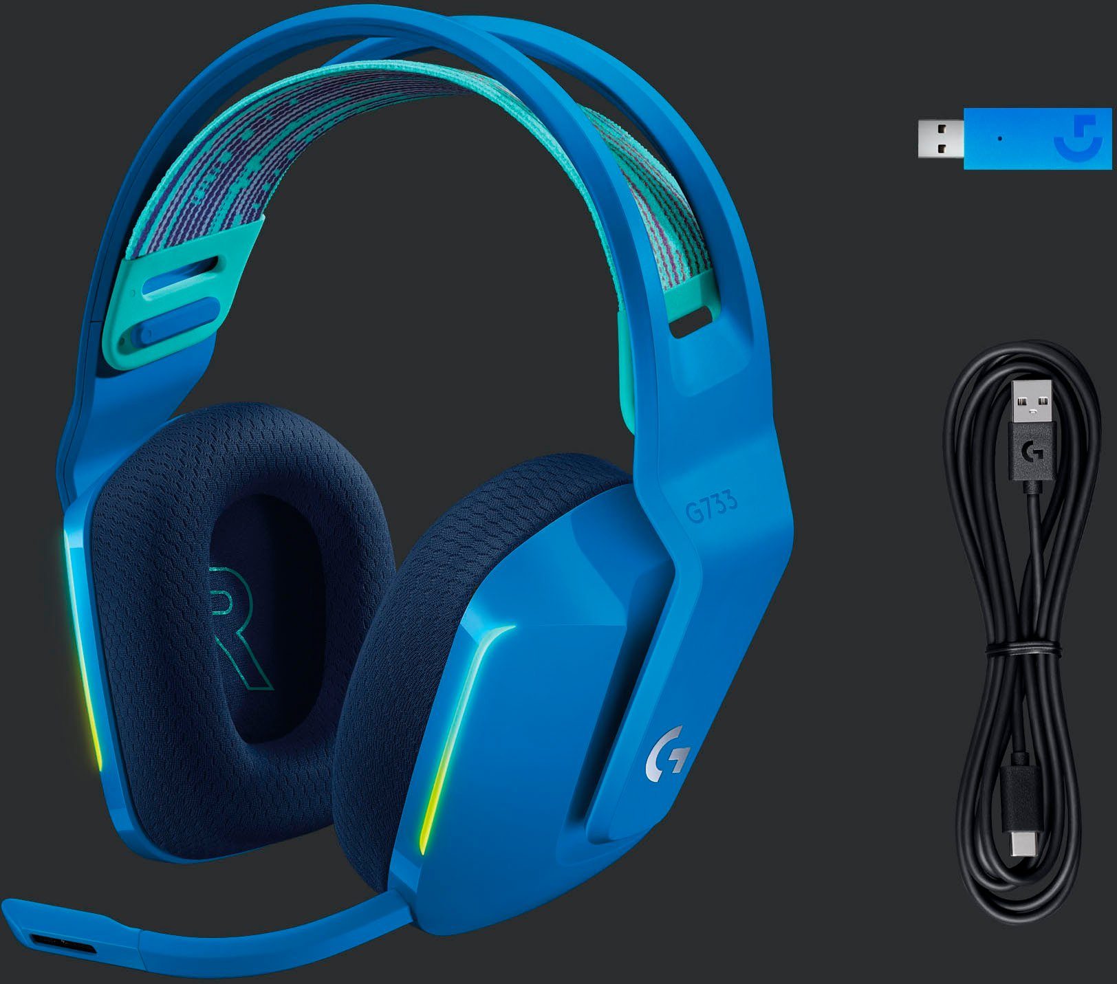 (WiFi) Gaming-Headset (Mikrofon Logitech LIGHTSPEED blau RGB G733 G Wireless WLAN abnehmbar,