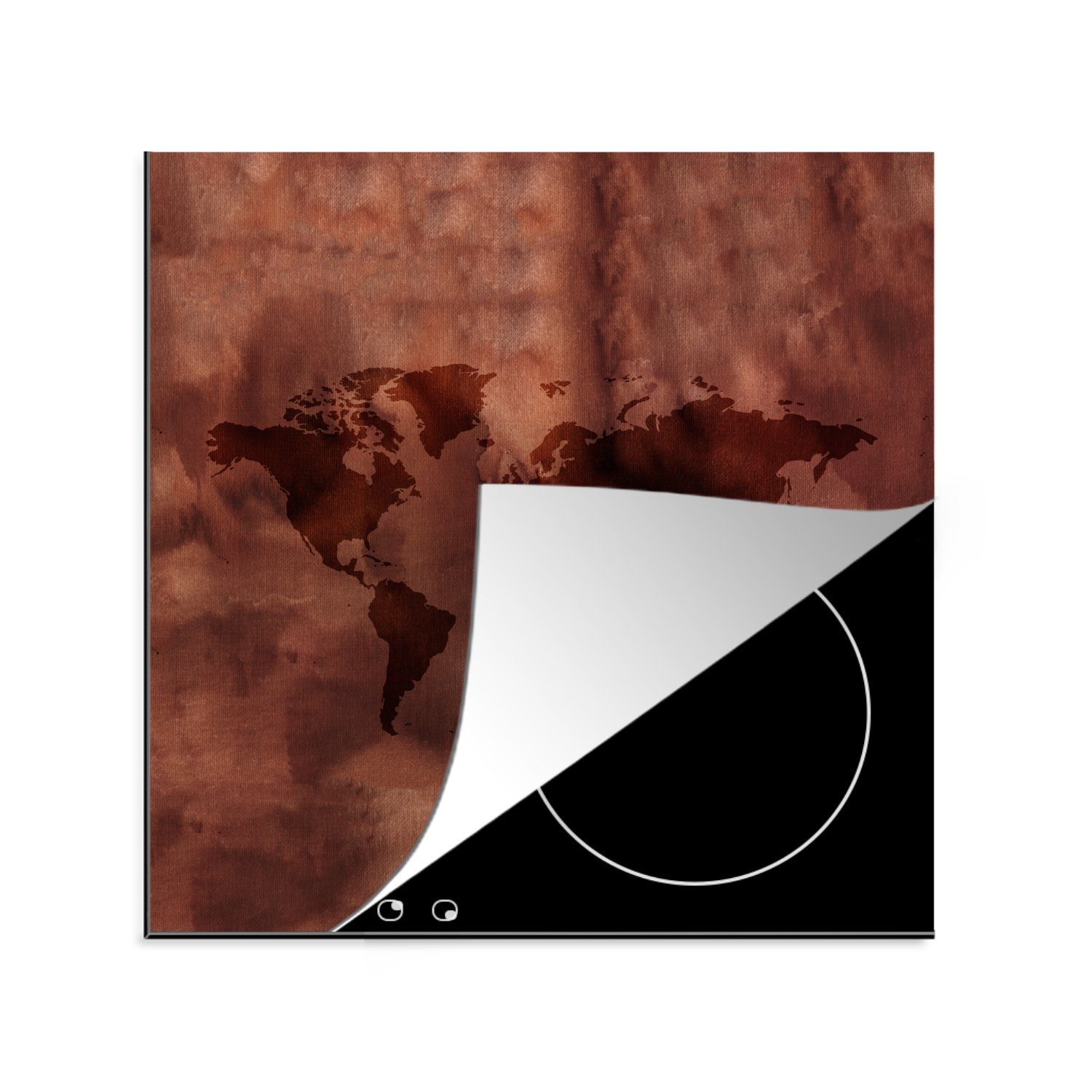 MuchoWow Herdblende-/Abdeckplatte Weltkarte - Braun - Rot, Vinyl, (1 tlg), 78x78 cm, Ceranfeldabdeckung, Arbeitsplatte für küche