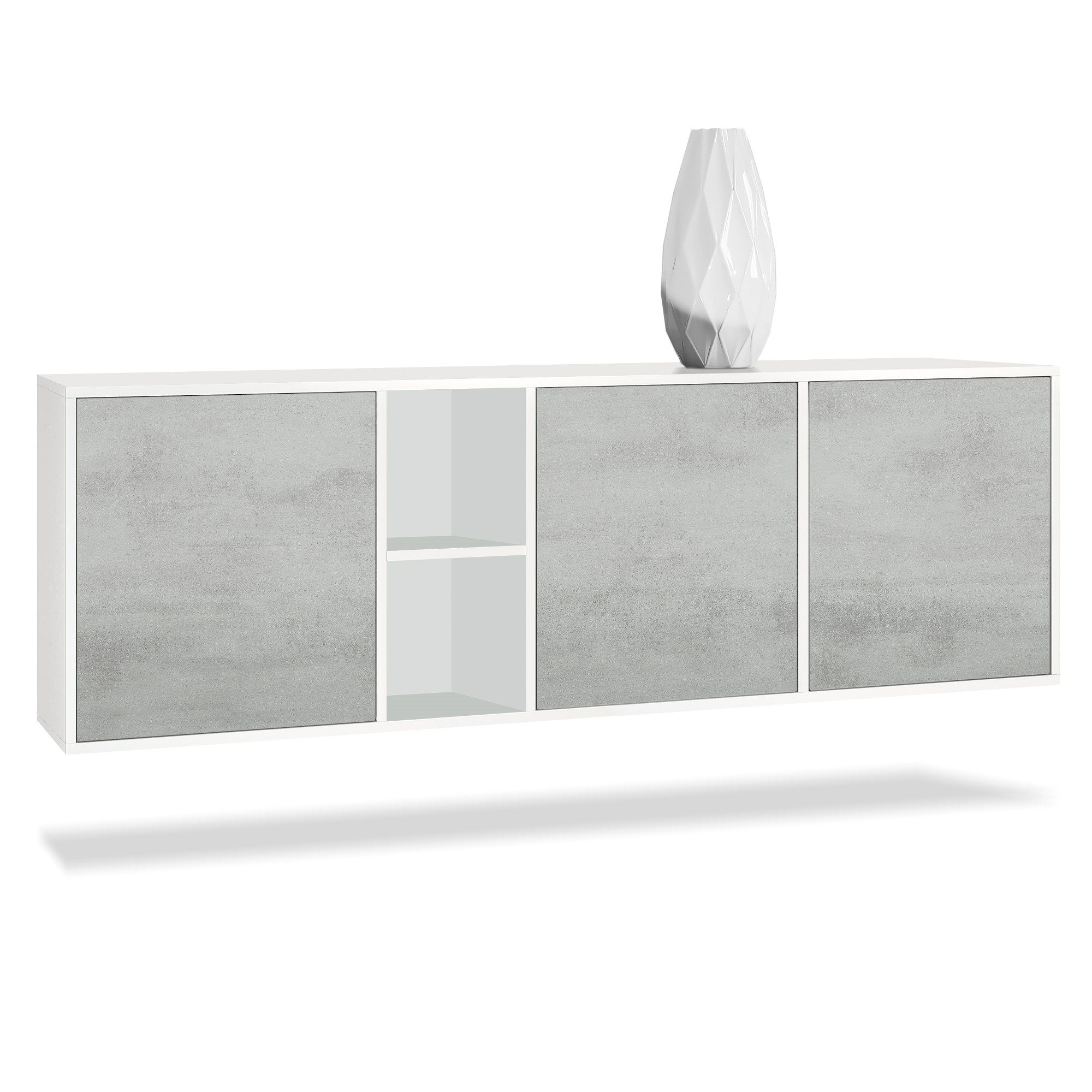 Vladon Sideboard Cuba (Kommode, mit 3 Türen und 2 offene Fächer), Weiß matt/Beton Oxid Optik (182 x 53 x 35 cm)