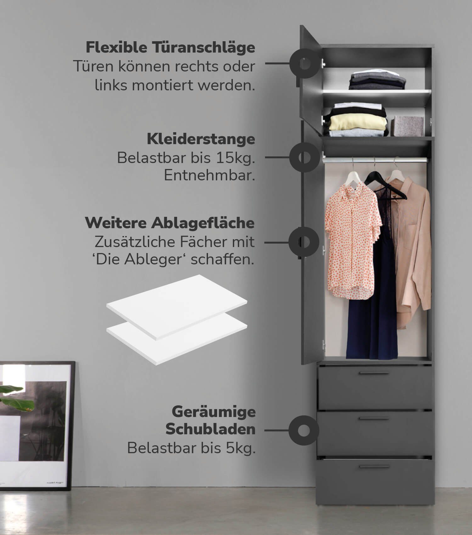 Kleiderschrank deckenhoher Der Schwarz in | Schubladen) Schlafzimmerschrank Garderobenschrank, 3 (1-Türig Grenzenlose Anthrazit Anthrazit Schrank, mokebo &