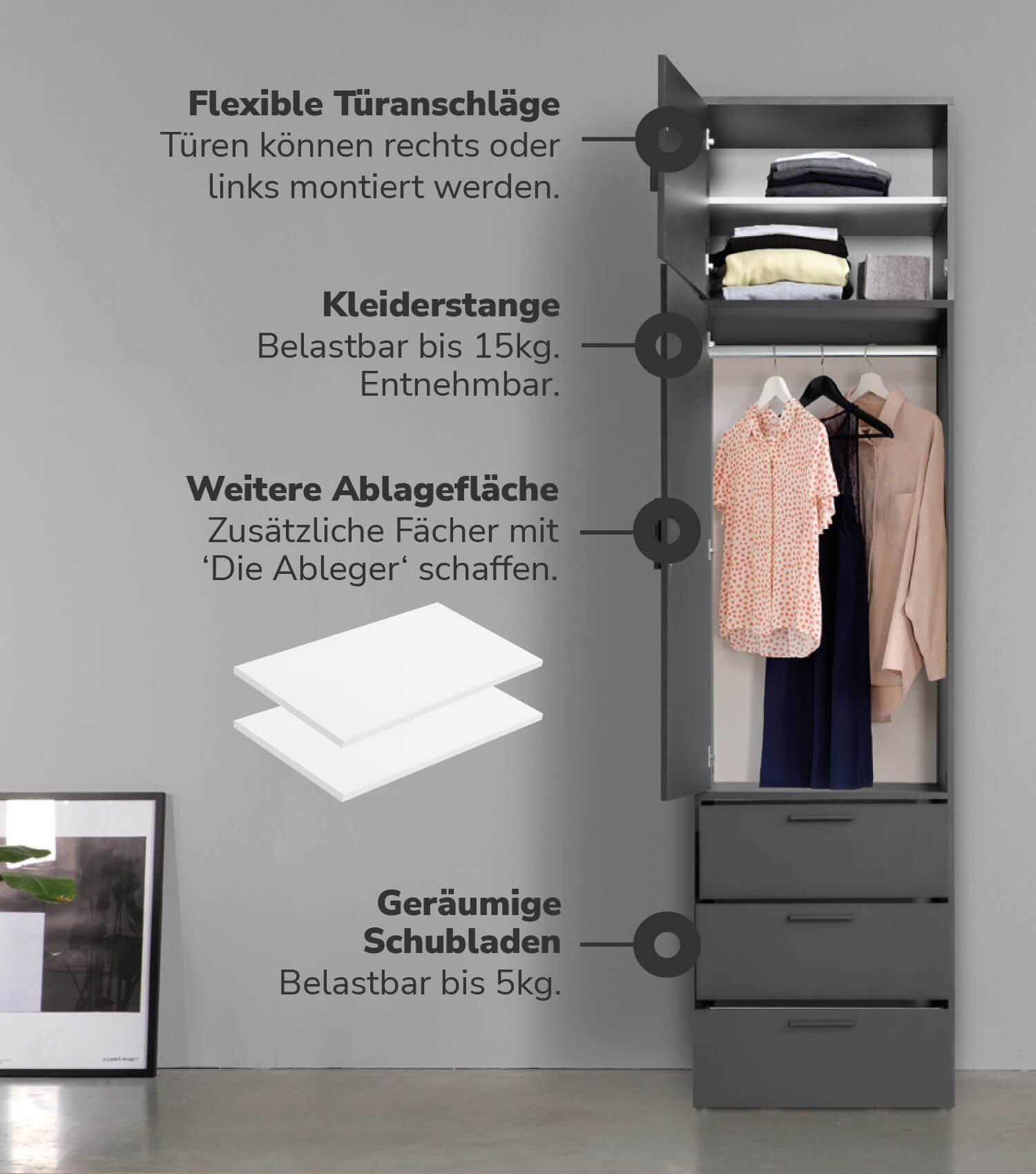 Schlafzimmerschrank Kleiderschrank mokebo | Schwarz Anthrazit Schrank, deckenhoher Garderobenschrank, Schubladen) 3 Anthrazit & (1-Türig Grenzenlose Der in