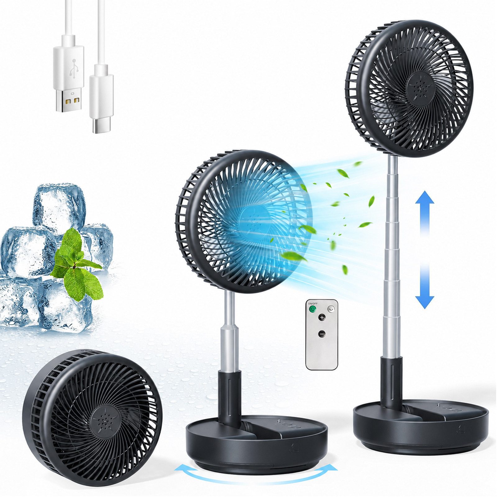 MOPUEA Standventilator Akku-Standventilator Faltbar Höhenverstellbar Fernbedienung Tragbar, Faltbar höhenverstellbar leise Akku Fernbedienung