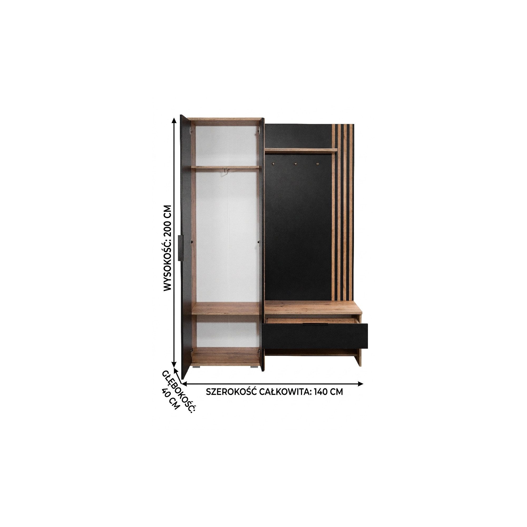 COMBO Kompaktgarderobe 140cm Garderobe Flur Sitzbank Schublade Haken Lamellen modern (Schrankmodul Kleiderstange 2 Regalböden 4 Haken) Komplett Flurgarderobe Si – Bild 4 von 4