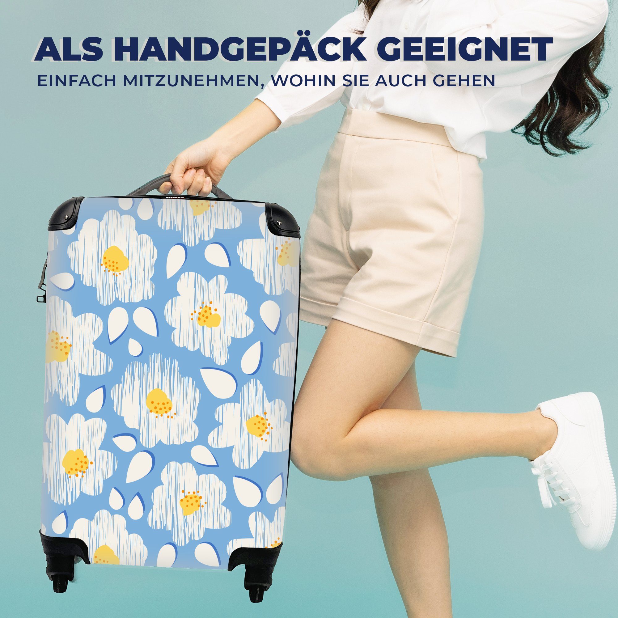 Blumen Handgepäckkoffer - Mädchen Blau 4 Kinder rollen, - - MuchoWow Muster Reisekoffer Handgepäck Kinder Ferien, - - - - mit für Rollen, Kind, Mädchen Trolley, Reisetasche