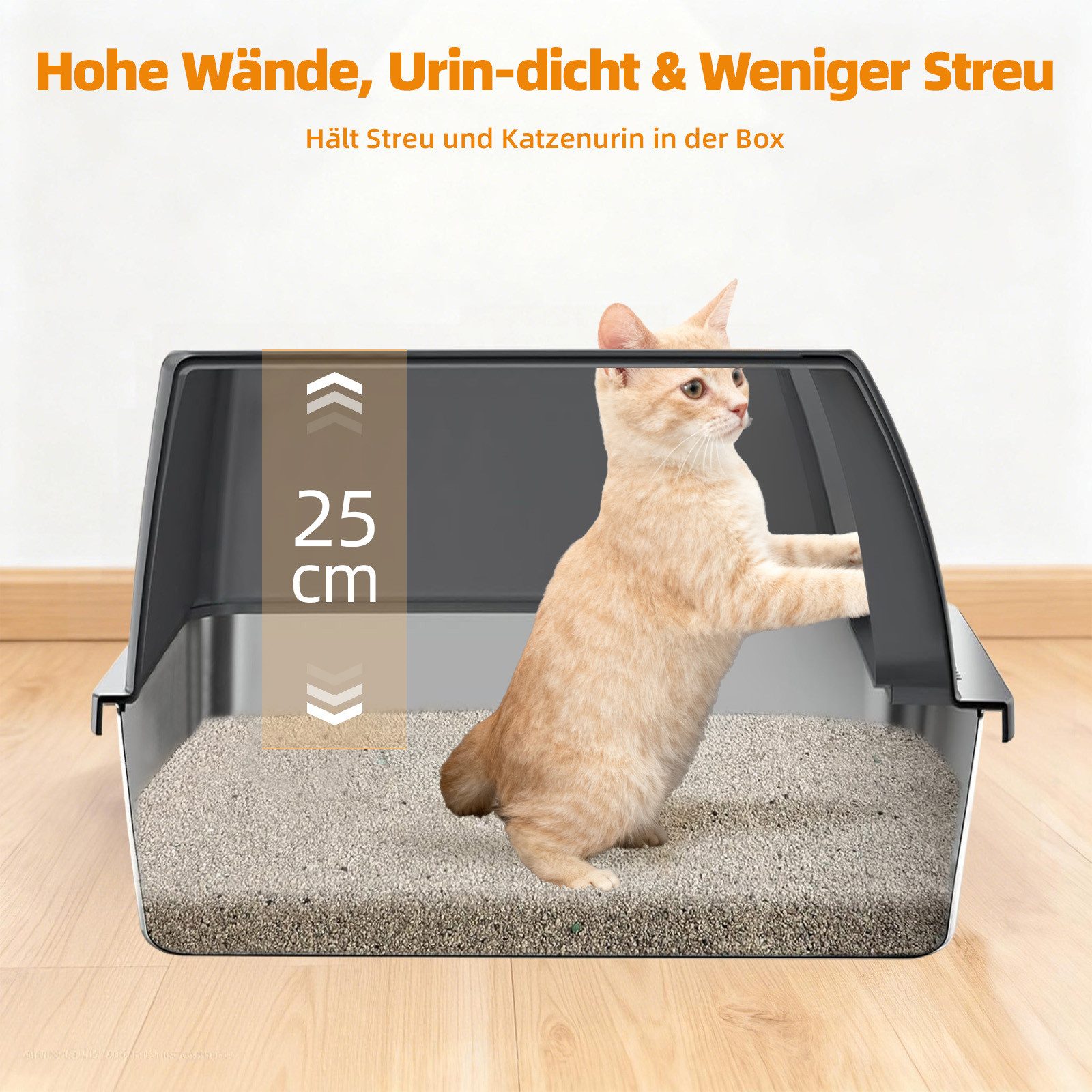 kisidus Katzentoilette Geschlossene Katzenklo Edelstahl 60 x 40 x 25 cm, Mit Hochwandigem Seitengehäuse Nicht-Klebrig & Einfach zu Reinigen