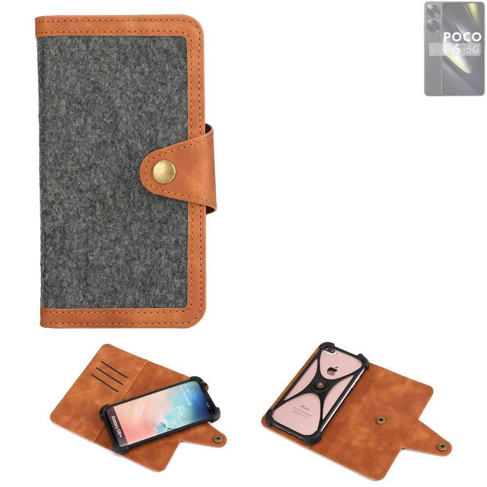 K-S-Trade Handyhülle für POCO F6, Schutzhülle Handyhülle Filz Hülle Kunst-Leder dunkelgrau braun