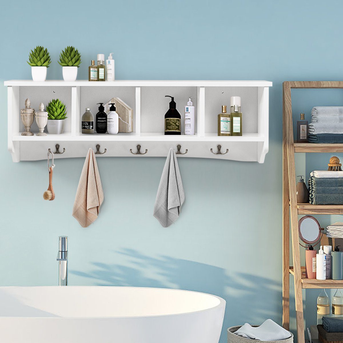 COSTWAY Wandgarderobe, mit 4 Fächern, 5 Doppelhaken, wandmontiert, 72x15x23 günstig online kaufen