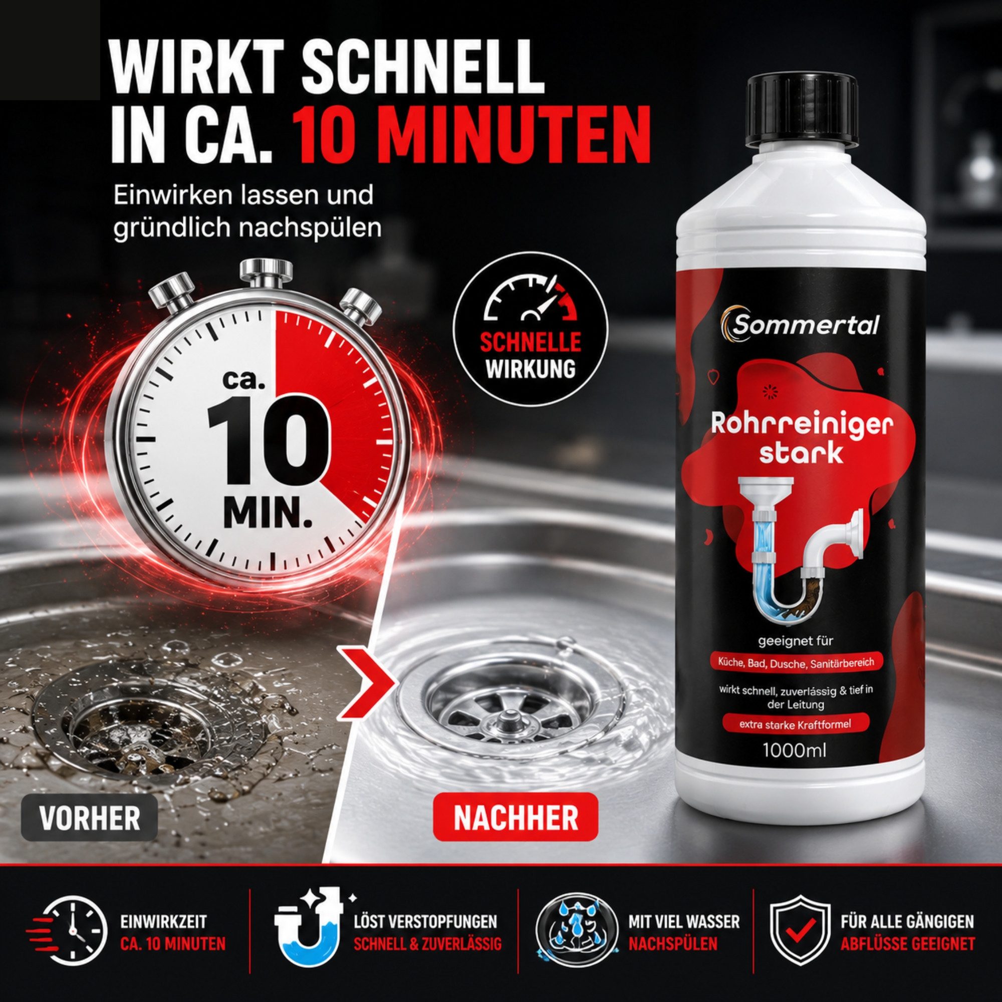 Sommertal Rohrreiniger stark, Flüssig-Abflussreiniger Polsterreiniger (Einzelartikel, [- 1 Flasche, 1000 ml Rohrreiniger Abflussreiniger 1000 ml stark wirksam)