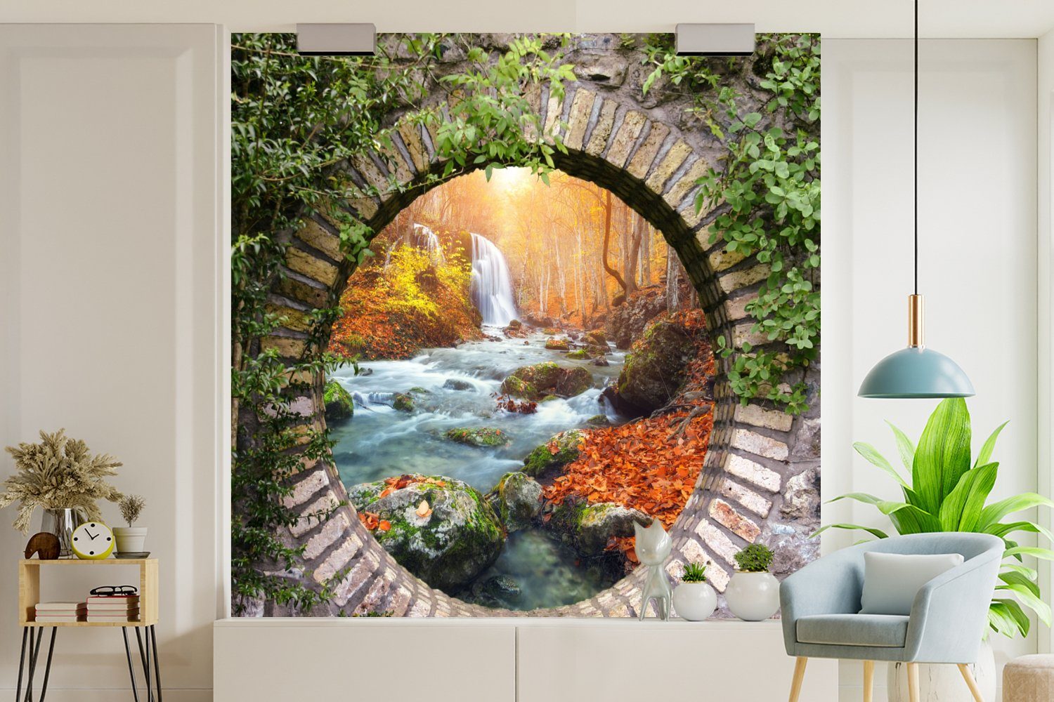 - Fototapete Wasserfall Tapete St), - Herbst Aussicht, Schlafzimmer, Wandtapete oder Natur für Vinyl - bedruckt, Wohnzimmer Matt, (5 MuchoWow