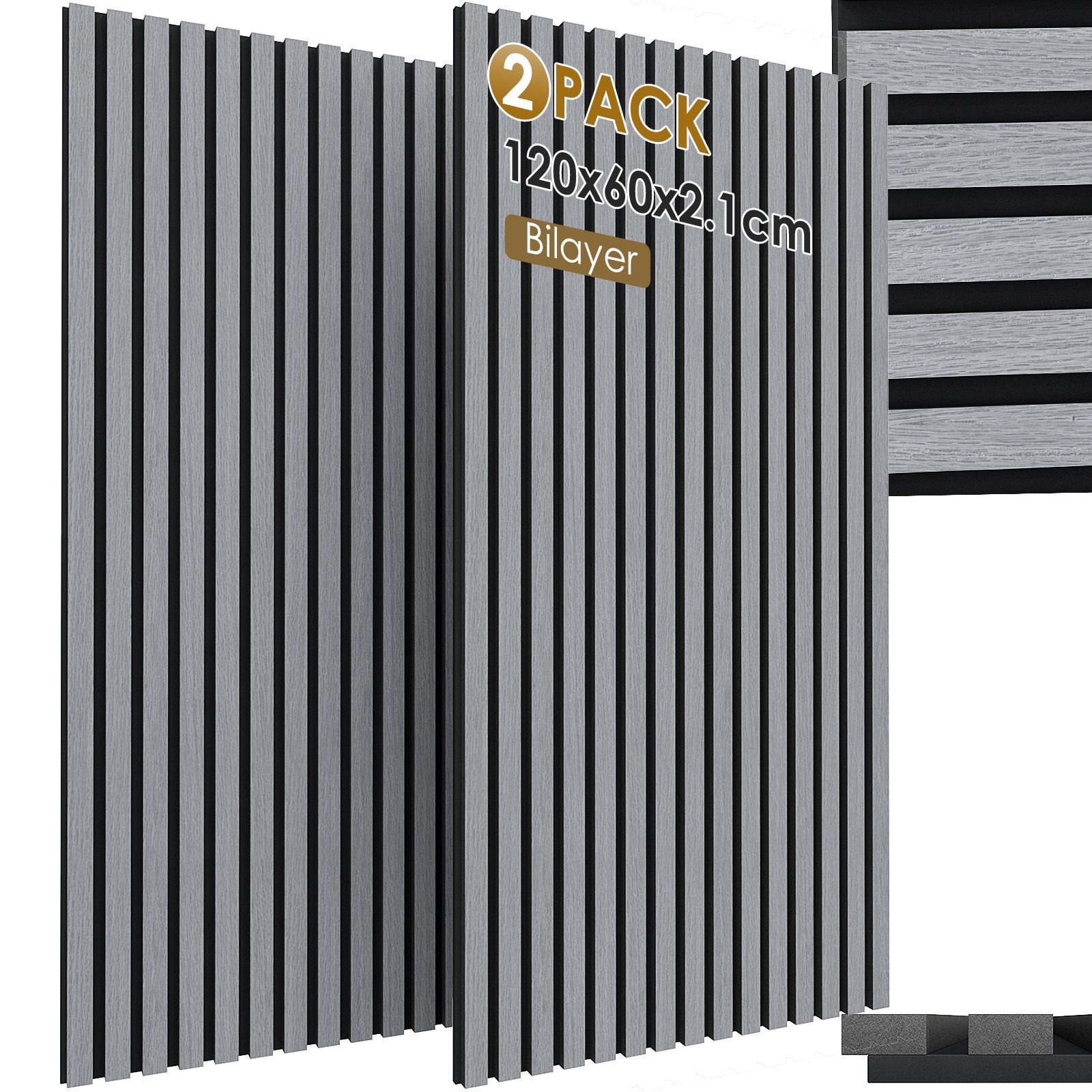 TLGREEN Wandpaneel 2er Set Akustikpaneele Holzoptik 3D Wandpaneele, BxL: 60x120 cm, 0,72 qm, (Schallabsorber Wandpaneele,Schalldämmung Wandverkleidung, Akustik Panel für Wohnzimme, Büro, Heimkino, Tonstudio, Eiche) 2 Stück Graubraun