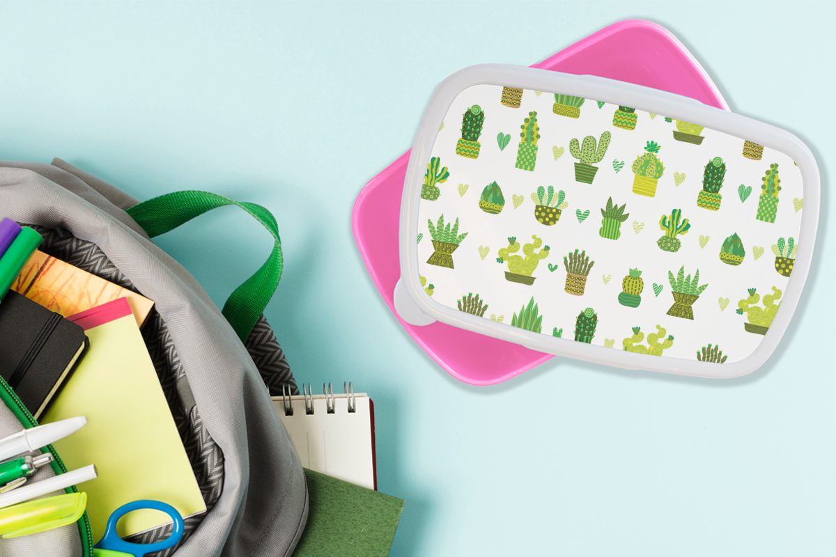 Kunststoff Brotdose Erwachsene, - Snackbox, - MuchoWow Brotbox Mädchen, (2-tlg), Lunchbox Kinder, Kunststoff, rosa Muster Kaktus, für Sukkulenten
