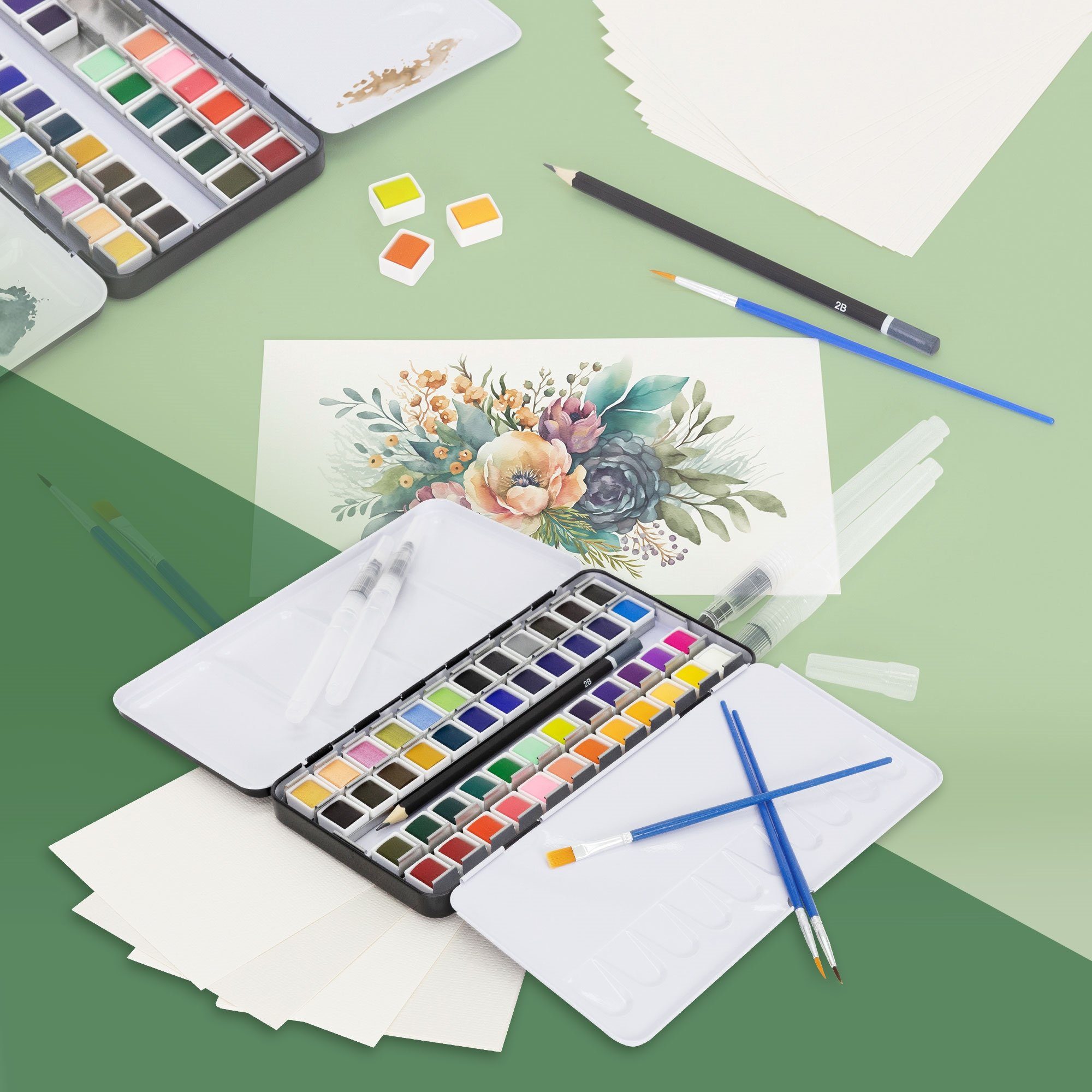 ECD Germany Kreativset Kunst- und Zeichenset Malkoffer für Kinder und Erwachsene, (48-tlg), Aquarellfarben Set 48 Farben, Pinsel, Bleistift 2B, Aquarellstift