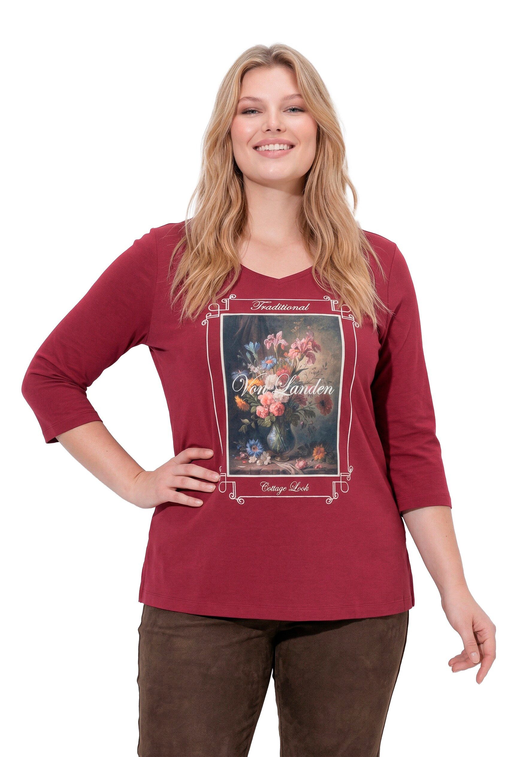 Ulla Popken T-Shirt Shirt Stickerei Classic Carré-Ausschnitt 3/4-Arm
