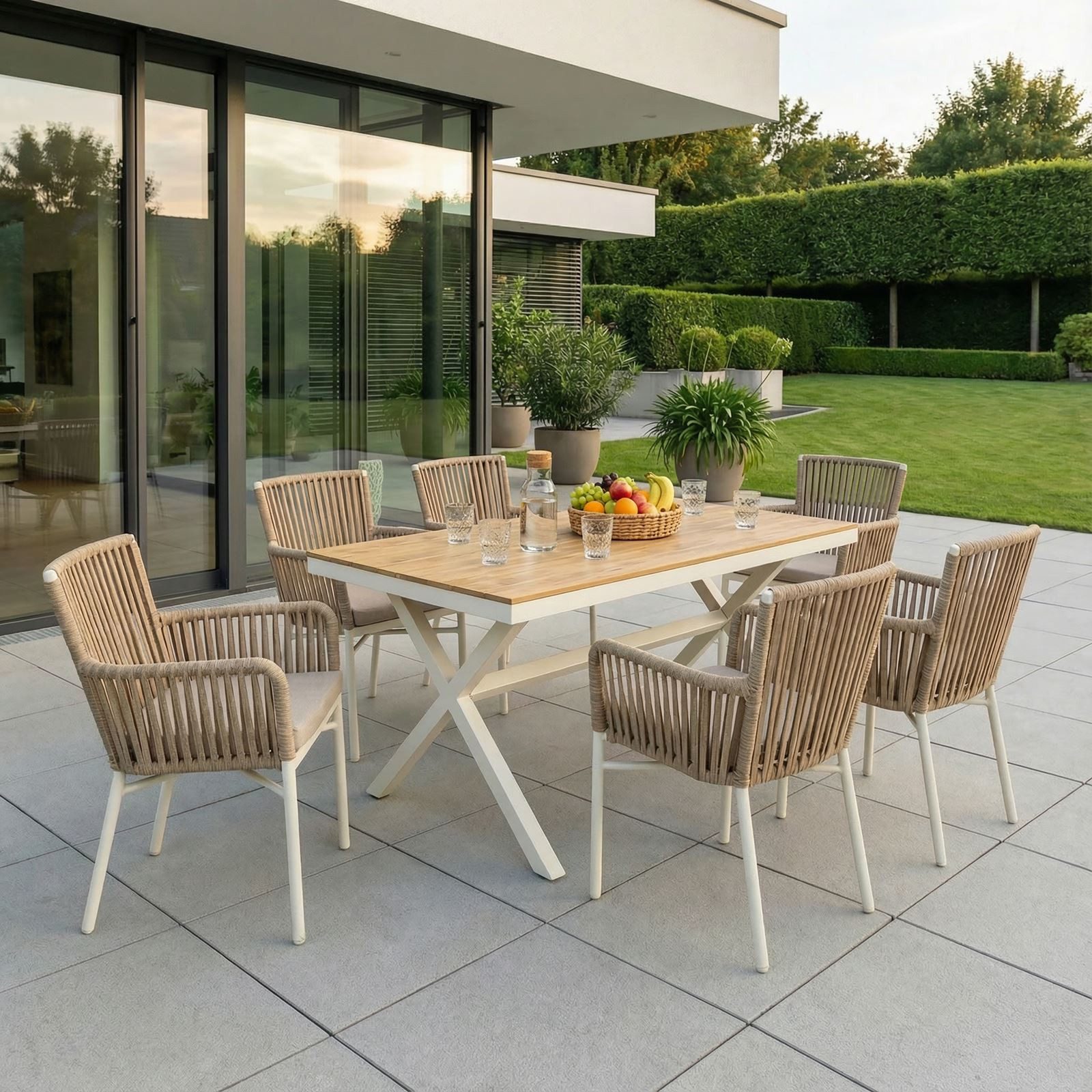 IDIMEX Garten-Essgruppe AFUERA, Gartenmöbel Set, 6 Personen wetterfest aus Alu und Rope weiß/beige