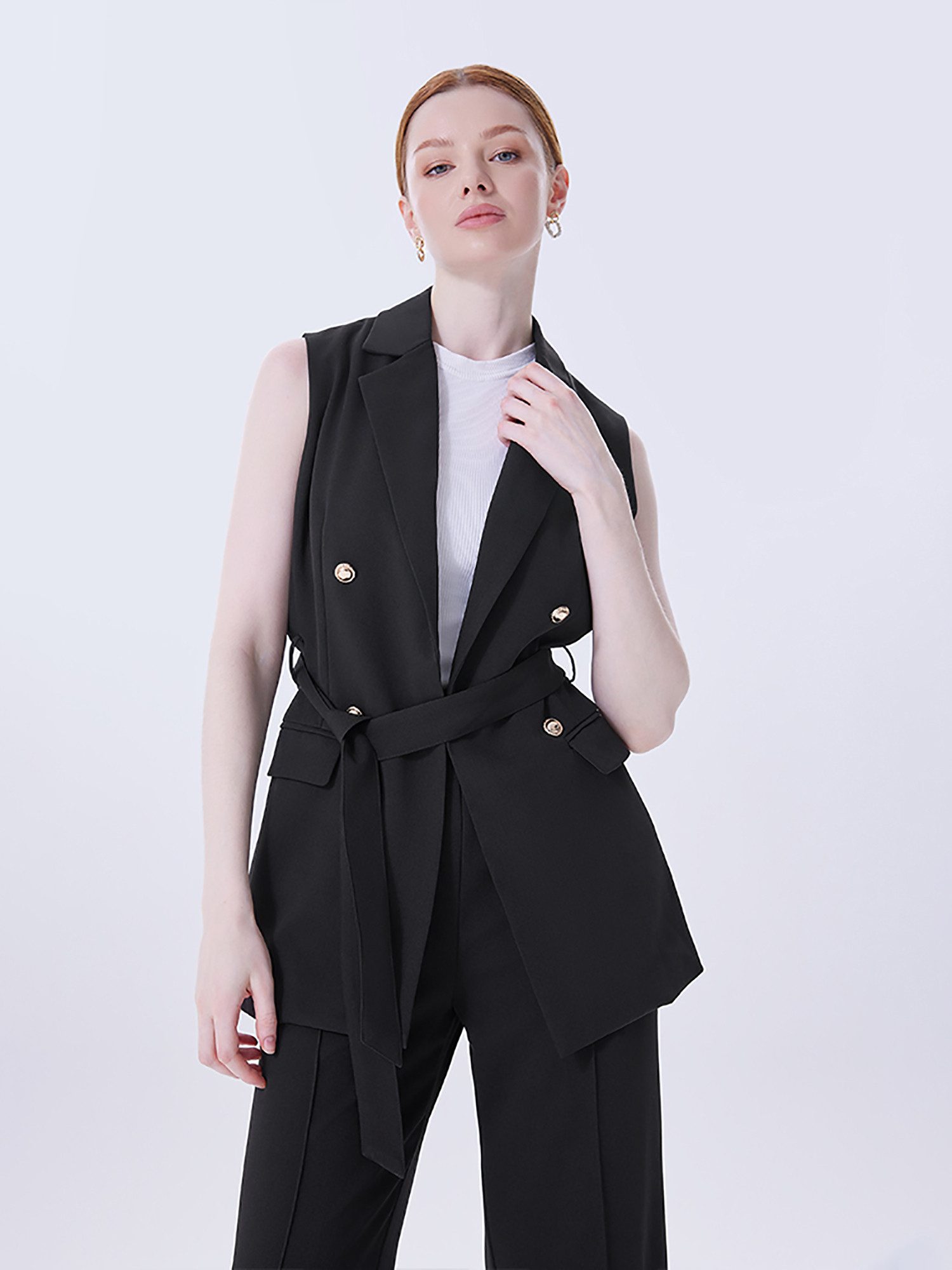 LAPA PLUS Anzugweste Ärmellose Longweste mit Gürtel für Damen, Reversblazer im Utility-Stil (1-tlg) Geeignet für Büros, Geschäftsaktivitäten, Konferenzen, Feierlichkeiten