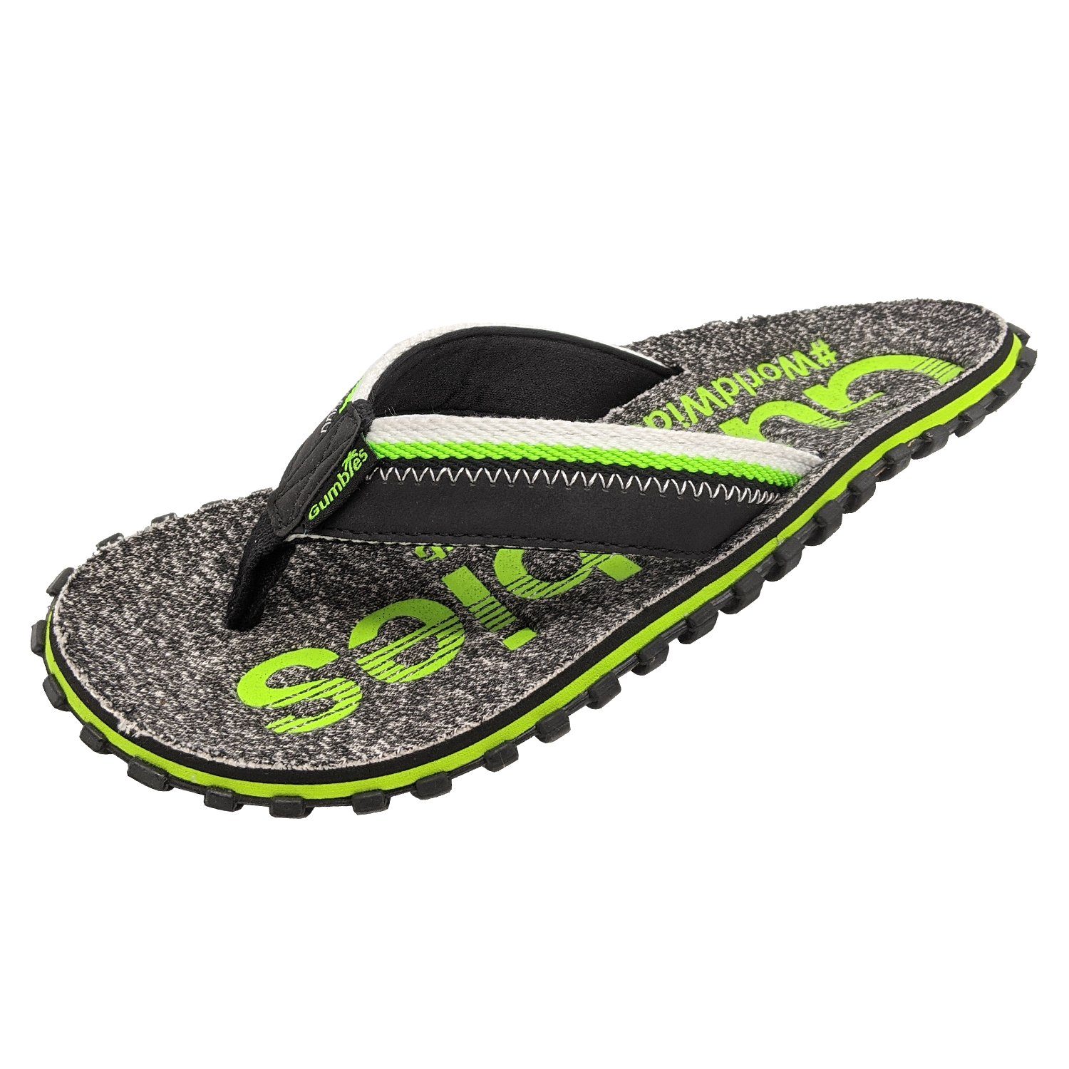 Gumbies Cairns in Lime T-Strap-Zehentrenner aus recycelten Materialien hergestellt, stabile Gummisole