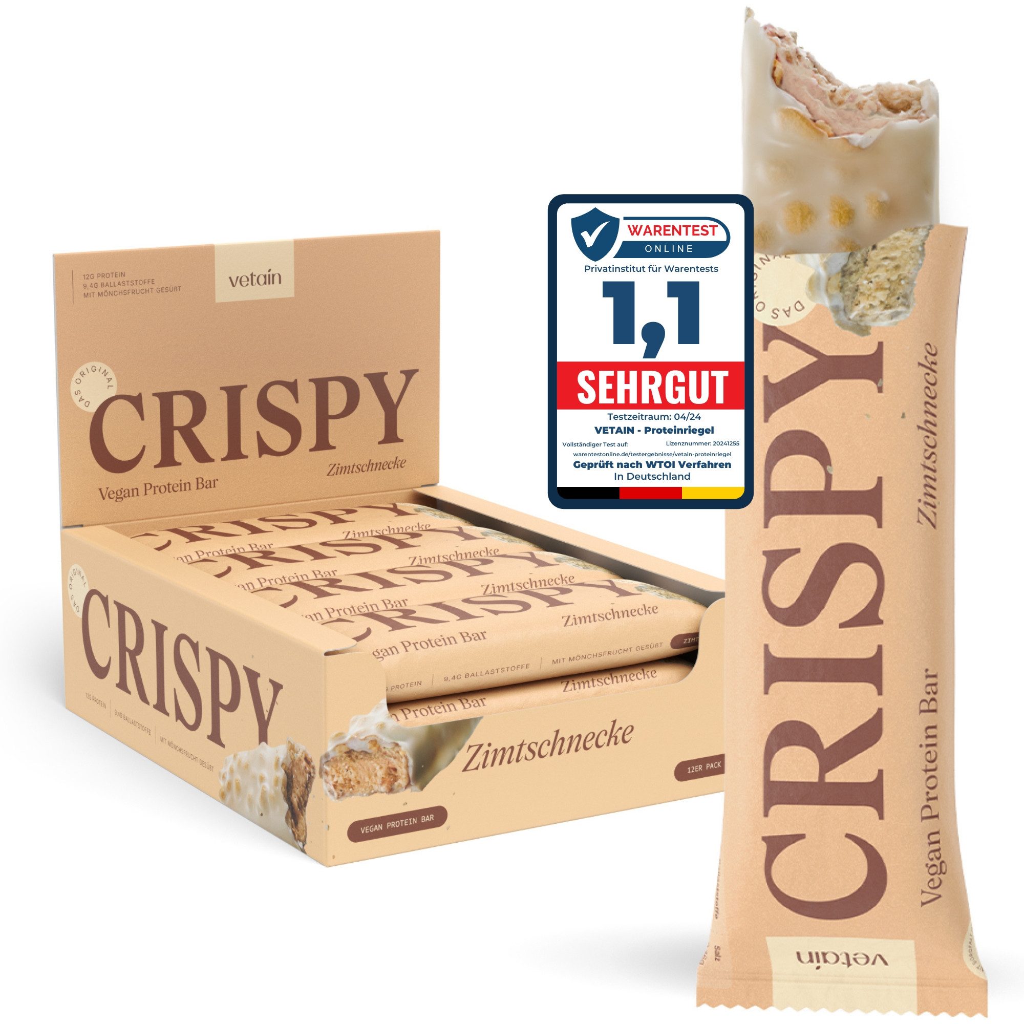 VETAIN Vegan Protein Riegel - 12g Protein pro Riegel, 12 er - frei von Sucralose & Maltit à 55 g, 100% cleane Zutaten, frei von Sucralose & Maltit