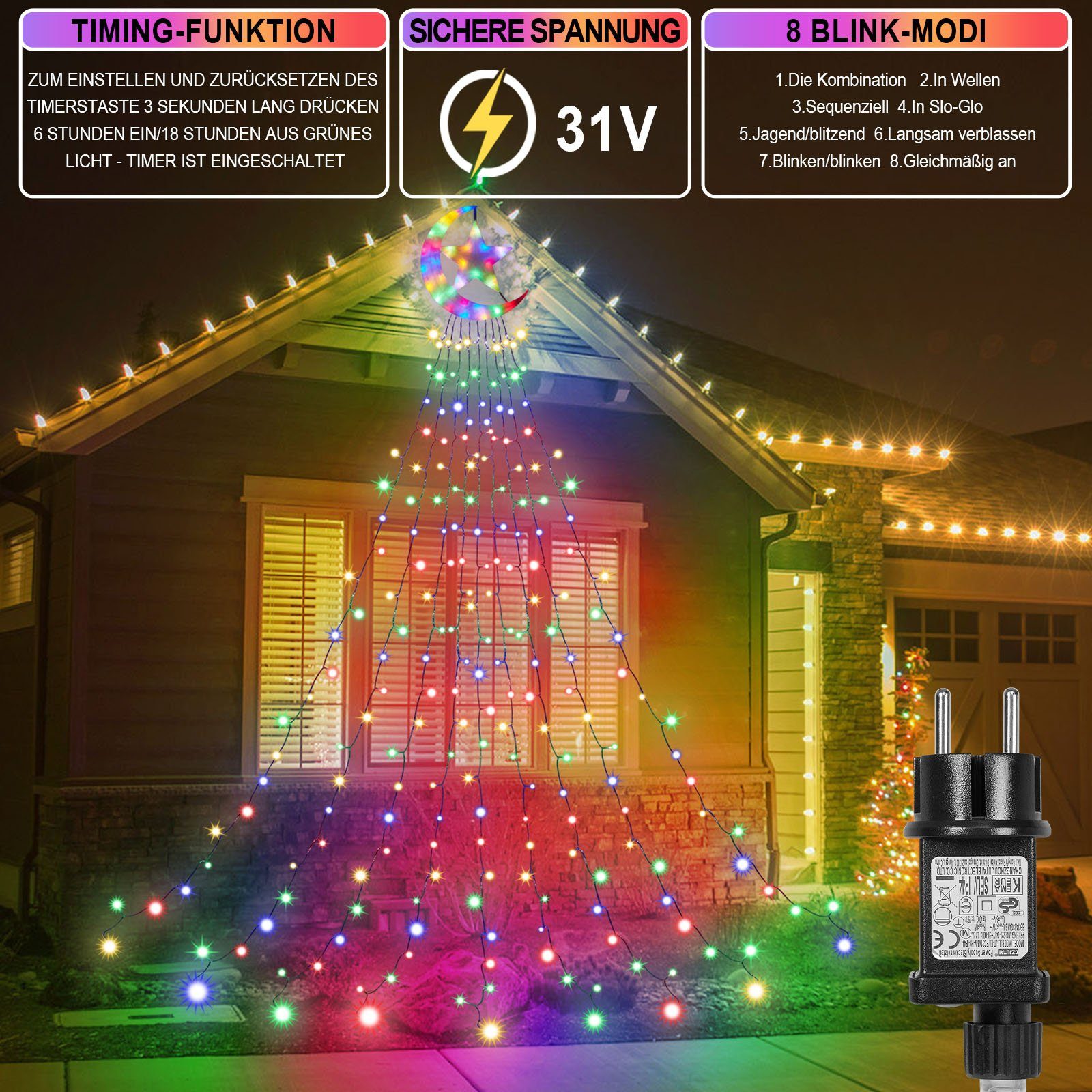 Rosnek LED-Baummantel 3.47M, für Timer, Innenhof mit Modi, Ramadan; Speicherfunktion; 9 wasserdicht, Deko; Weihnachten, Dach Stränge, Multicolor Mondstern; Baum 8 350-flammig, Topper