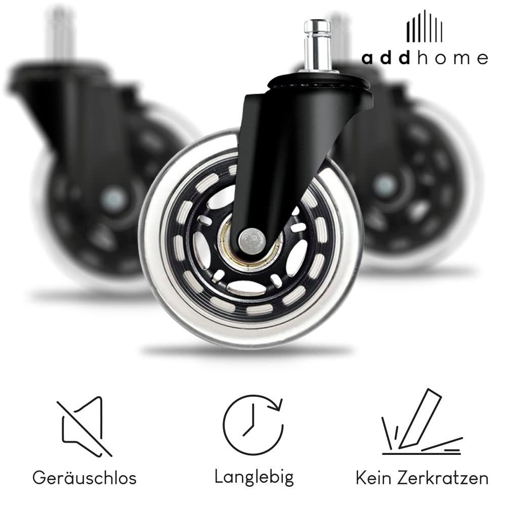 addhome Schwerlastrolle 5er Set Bürostuhlrollen 10x22mm Leise Hartbodenrollen 73mm Ø & 35mm, Premium Ersatzrollen für Parkett & Teppich Gaming- & Bürostuhl Set
