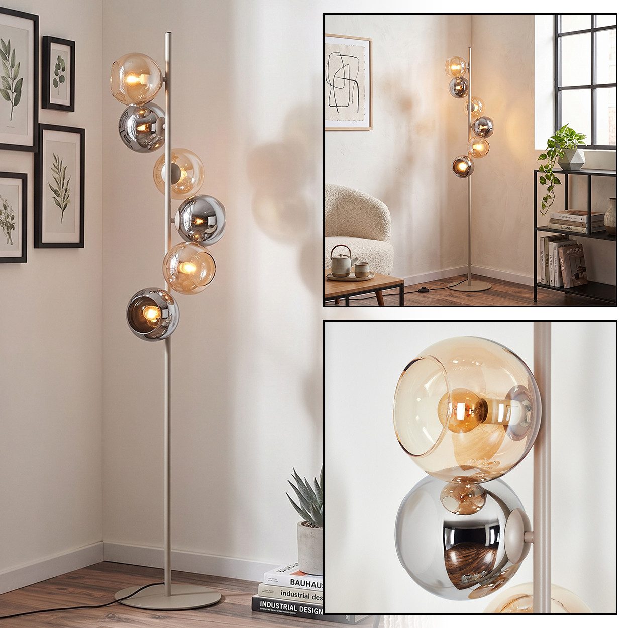 hofstein Stehlampe Stehlampe aus Metall/Glas in Sandfarben/Weiß/Chrom/Rauch/Bernstein, moderne Stehleuchte im Retro/Vintage-Design, Fußschalter, 6 x E14