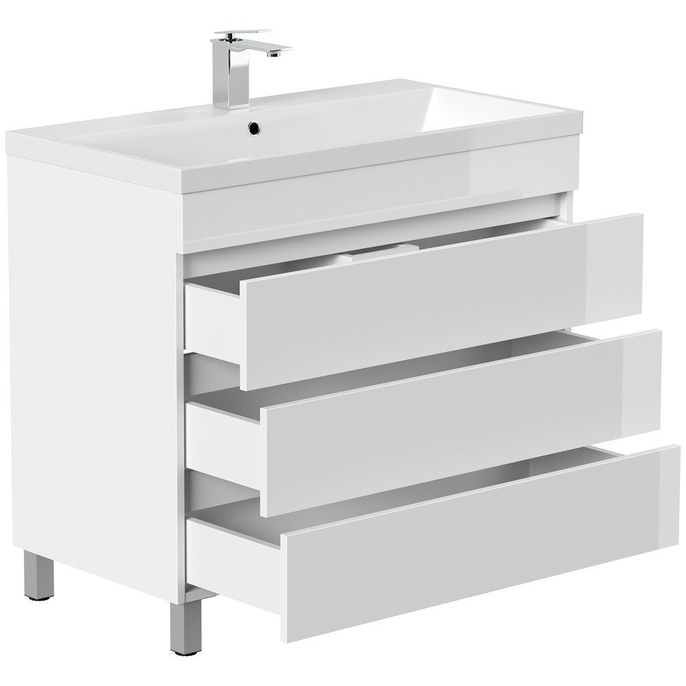 Lomadox Waschtisch FROME-02, 90 cm, stehend, weiß Hochglanz, mit 3 Schubladen