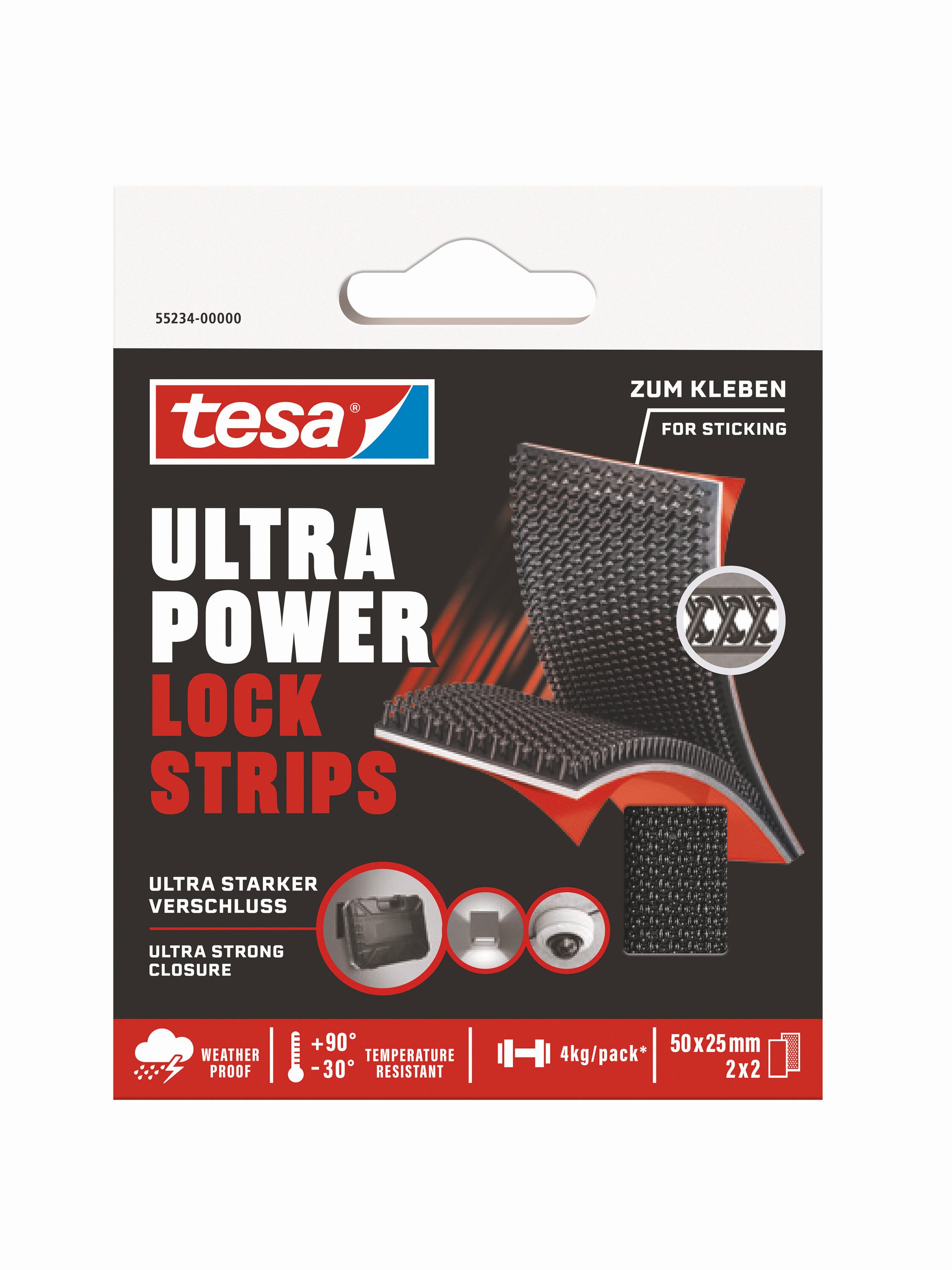 tesa Klett-Klebeband Ultra Power Lock Strips, extra starkes selbstklebendes Klettband (Packung, 1-St., 4 Strips mit Klettverschluss (50 x 25 mm), hält bis zu 4 kg/Packung) wetterbeständig, temperaturresistent, geeignet für innen und außen
