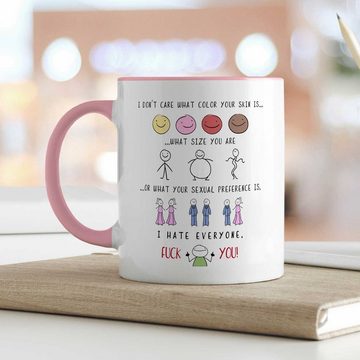 GRAVURZEILE Tasse bedruckt mit Spruch - I hate everyone - Lustige Geschenke, - Farbe: Rosa