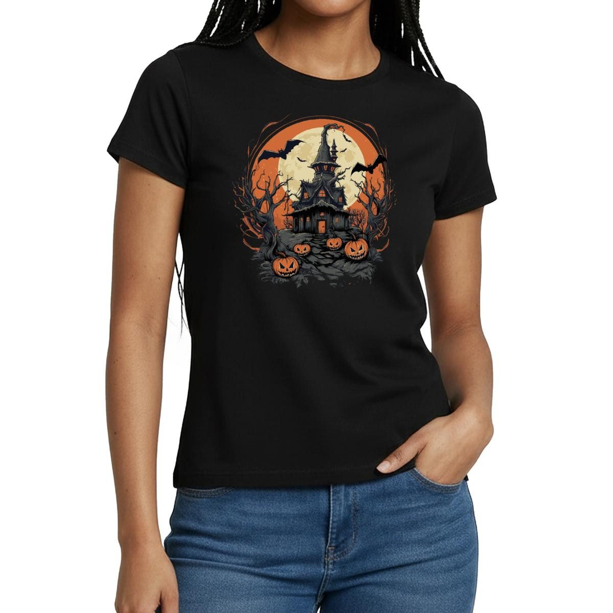 Spreadshirt T-Shirt Halloween Spukhaus Mit Kürbissen Und Vollmond Frauen T-Shirt (1-tlg) Slim Fit, fällt klein aus