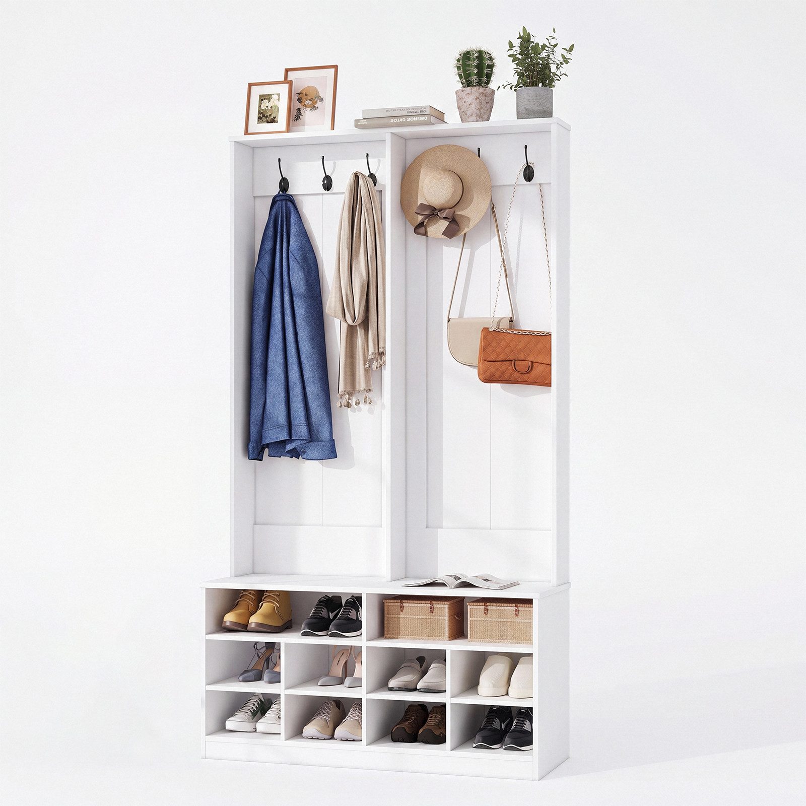 VOWNER Garderobenständer Weiß, Flurgarderobe mit Sitzbank, Schuhablage und Haken, (1 St), Kompakte Garderobe 100x35x180 cm für Flur und Eingang