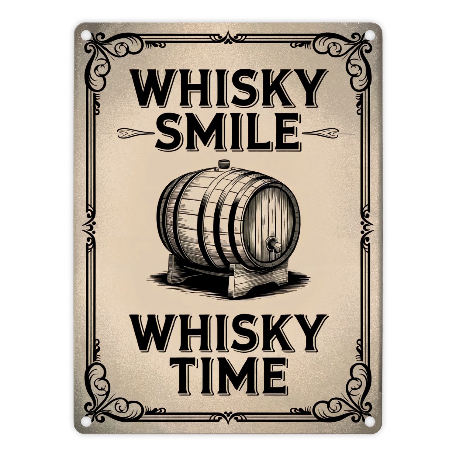 speecheese Metallschild Holzfass Illustration Whisky Smile Time Metallschild in 15x20 cm